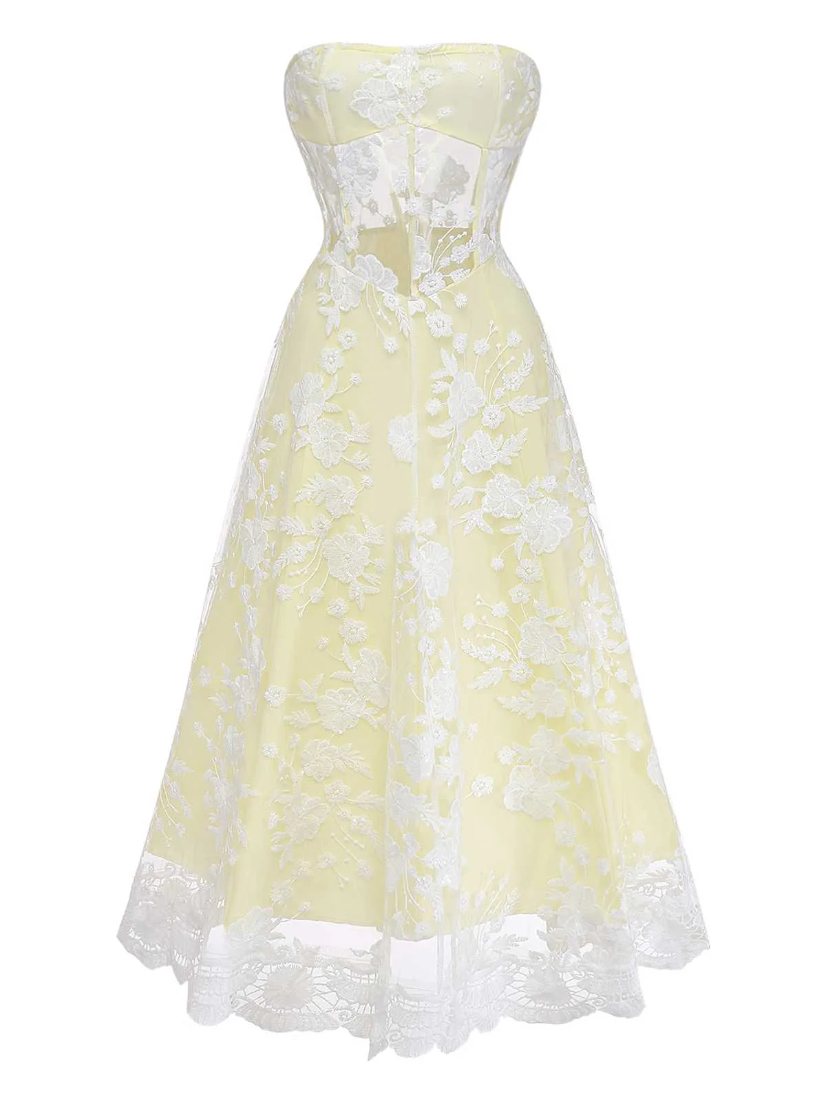 Gelb 1950er Blumen Bestickt Spitze Transparent Trägerloses Kleid - Image 2