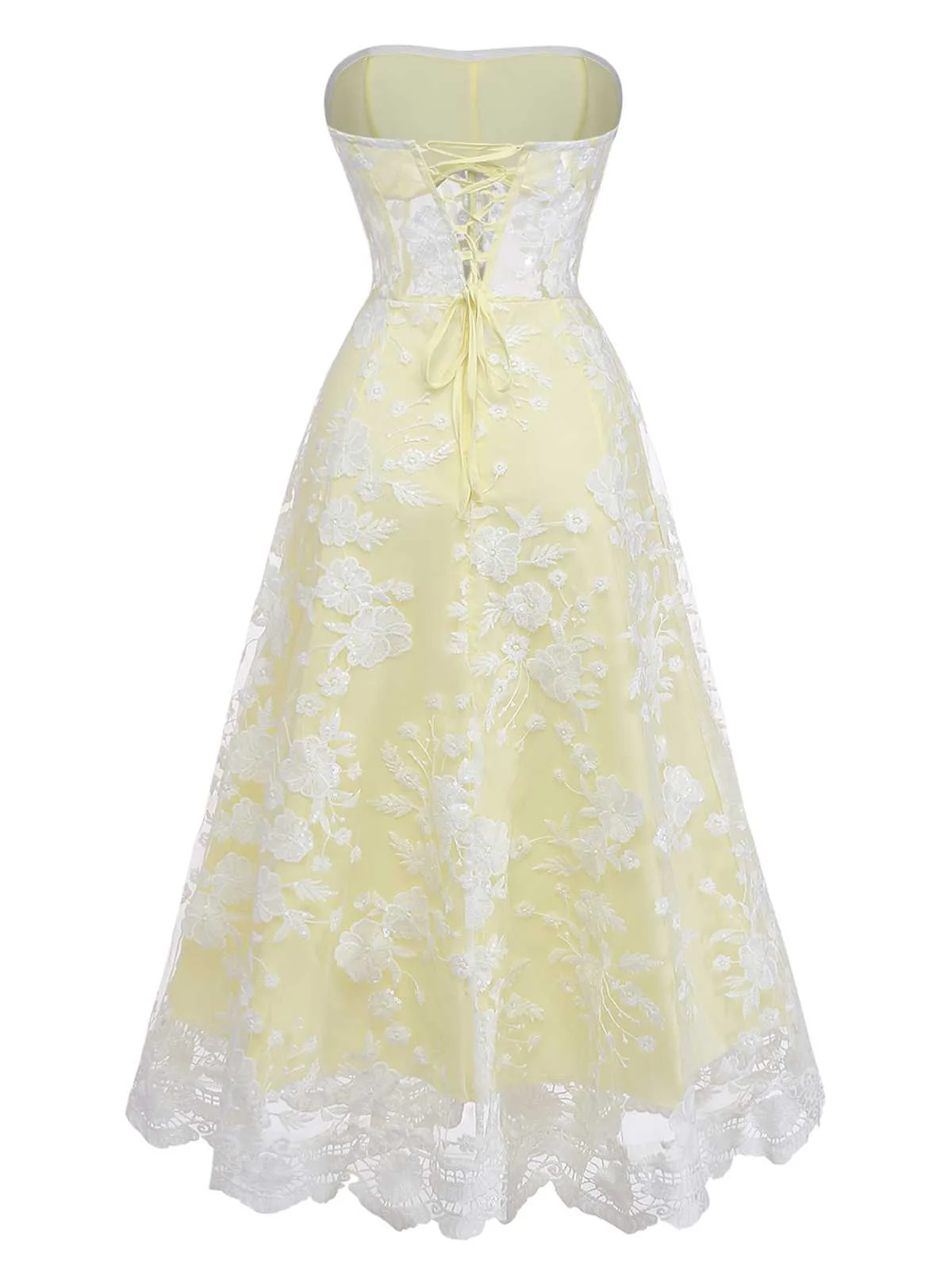 Gelb 1950er Blumen Bestickt Spitze Transparent Trägerloses Kleid - Image 3