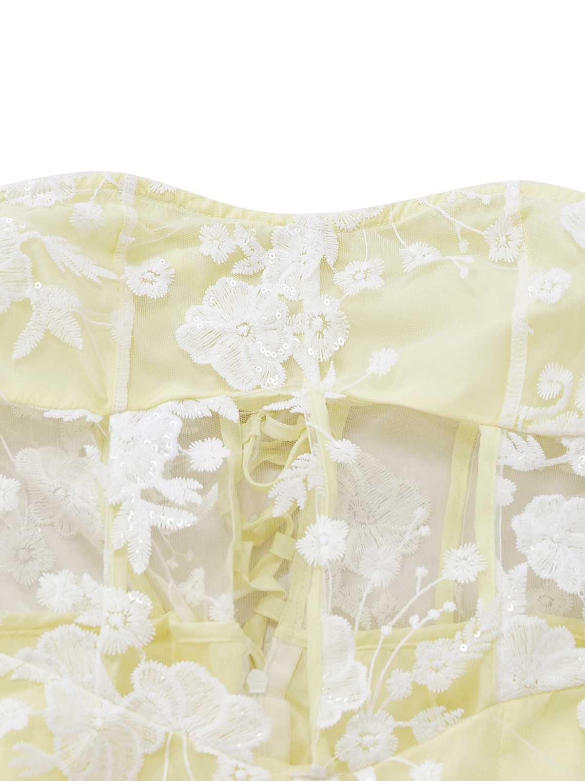 Gelb 1950er Blumen Bestickt Spitze Transparent Trägerloses Kleid - Image 4
