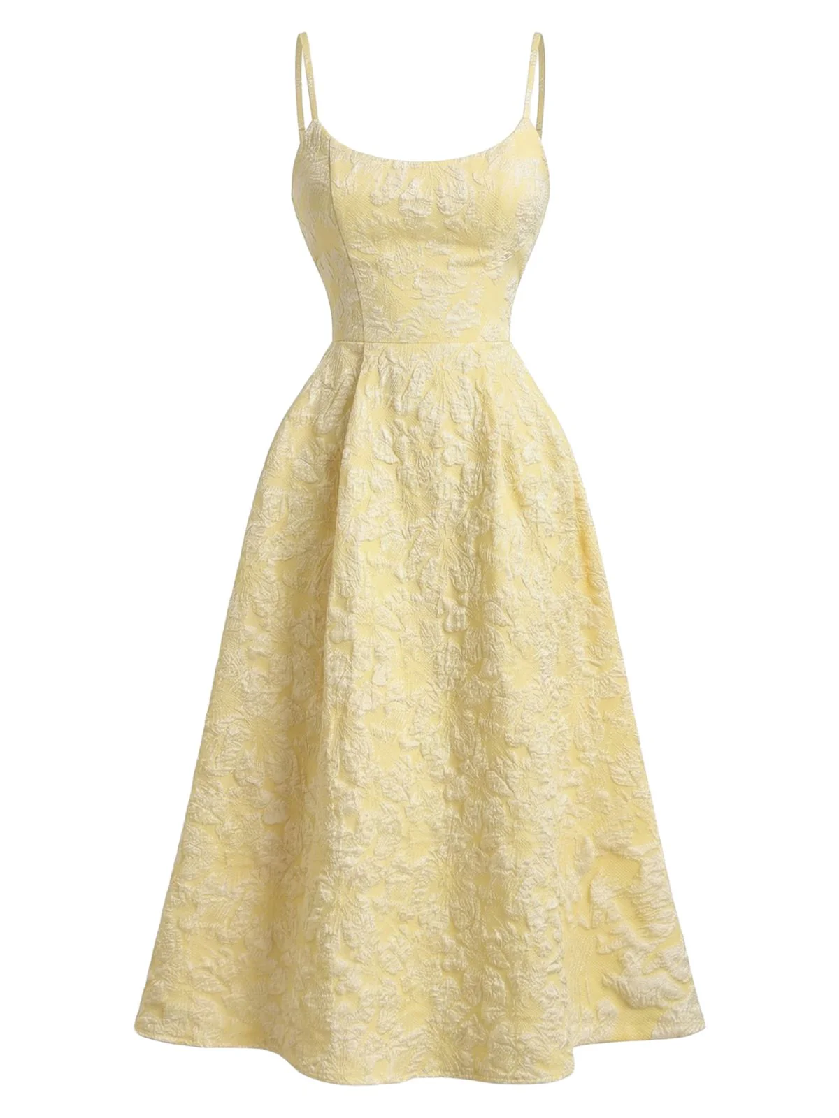 Gelb 1950er Blumen Jacquard Strukturiert Spaghetti Träger Midi Kleid - Image 2