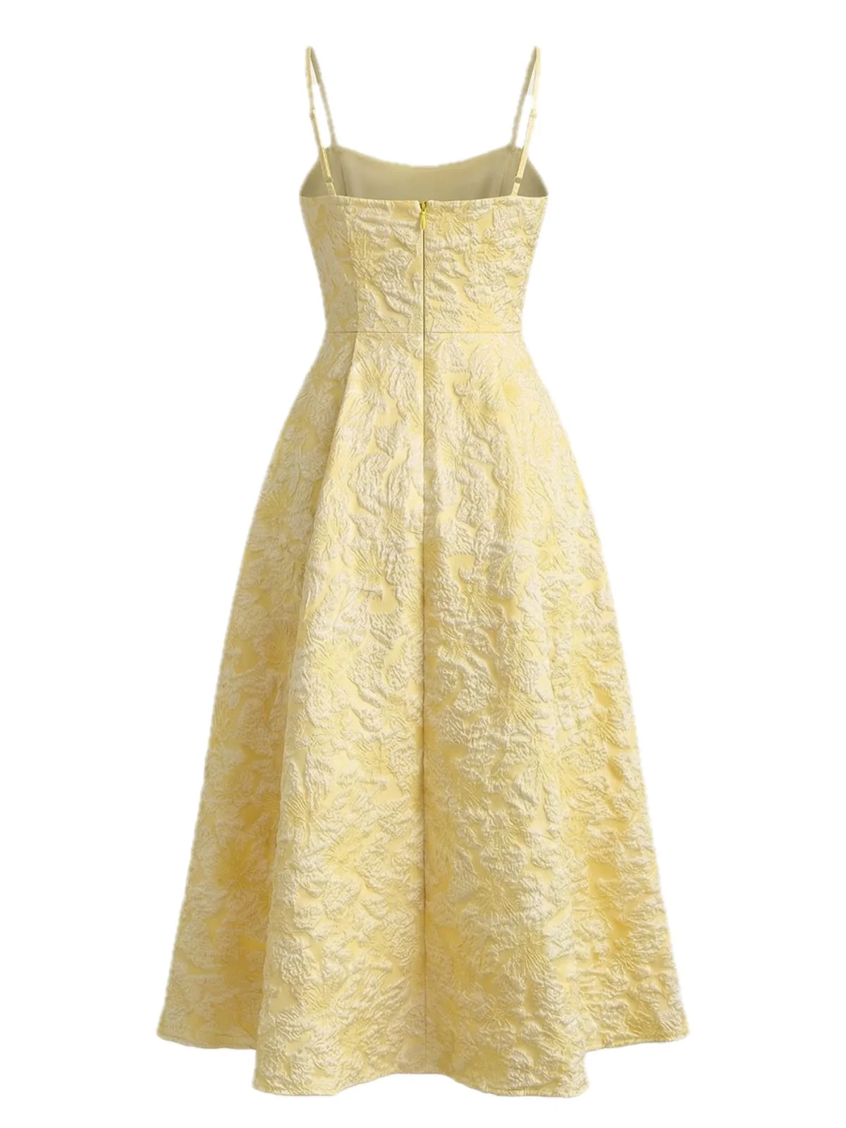 Gelb 1950er Blumen Jacquard Strukturiert Spaghetti Träger Midi Kleid - Image 3