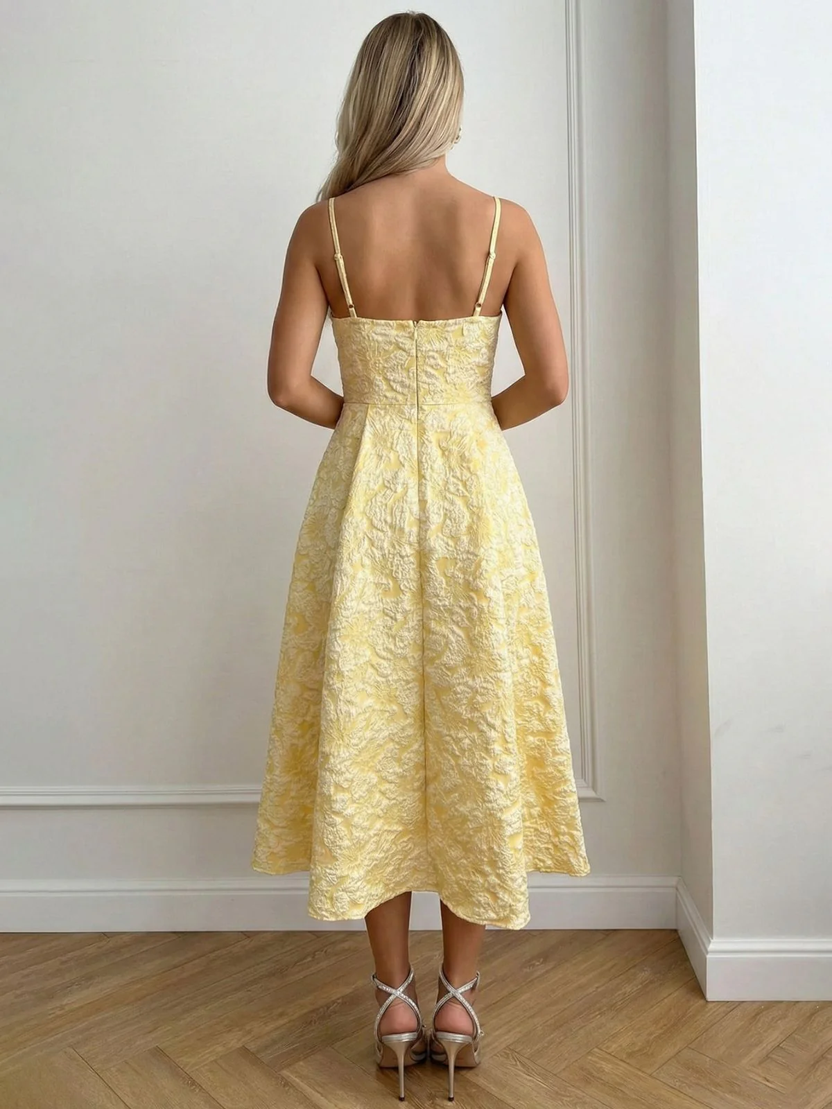 Gelb 1950er Blumen Jacquard Strukturiert Spaghetti Träger Midi Kleid - Image 4