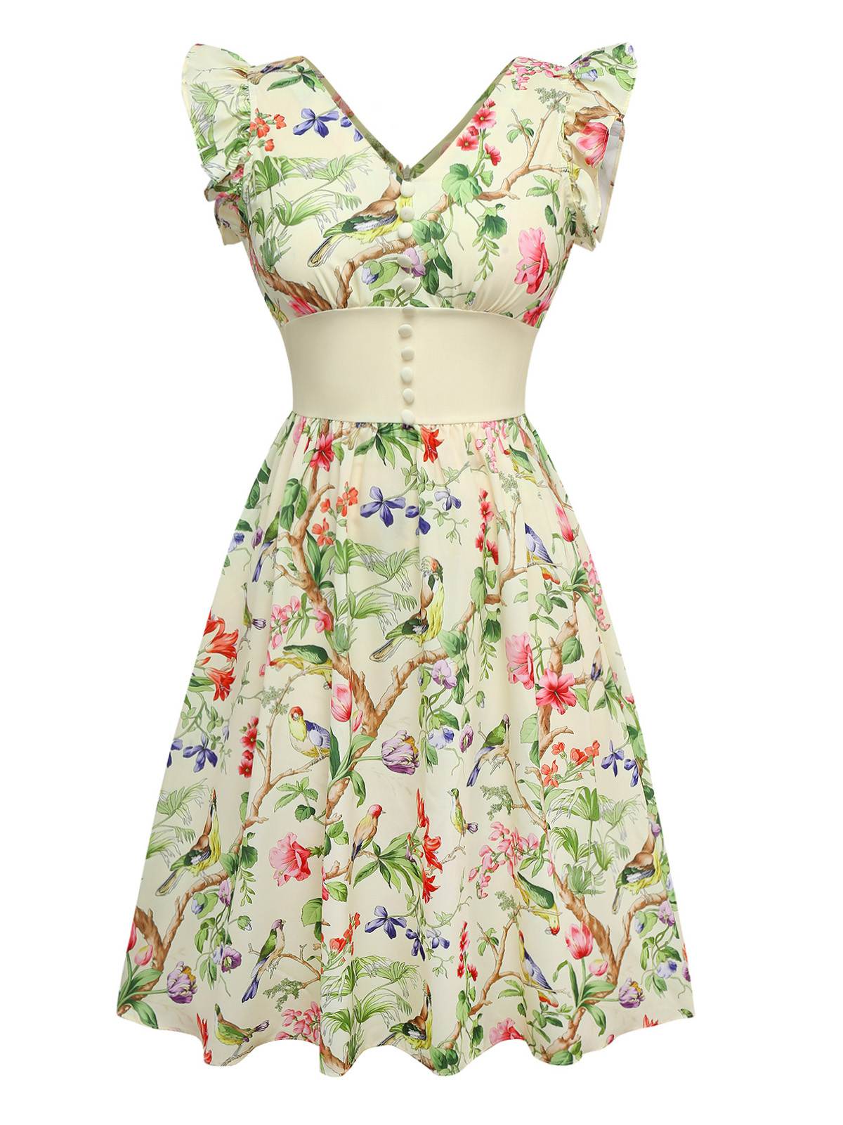 Gelb 1950er Blumen Vögel Rüschen Flatterärmel Kleid - Image 3