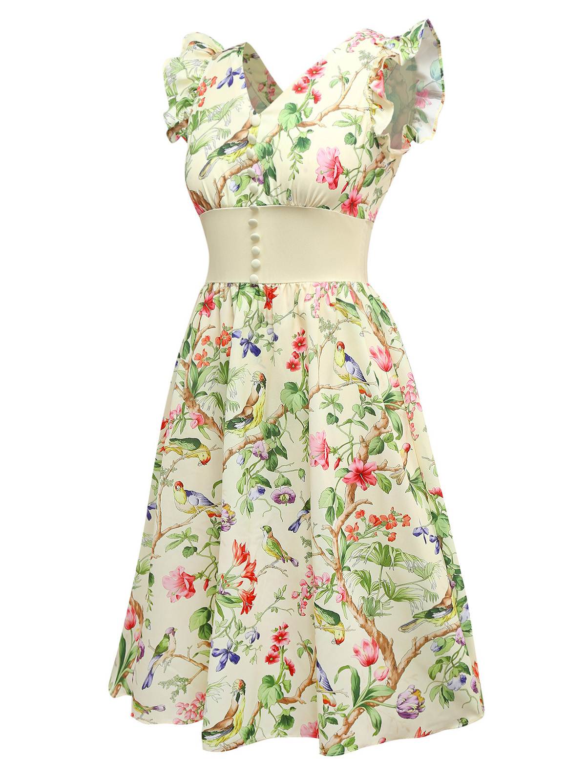 Gelb 1950er Blumen Vögel Rüschen Flatterärmel Kleid - Image 4
