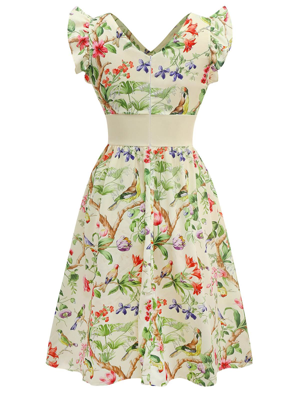 Gelb 1950er Blumen Vögel Rüschen Flatterärmel Kleid - Image 5