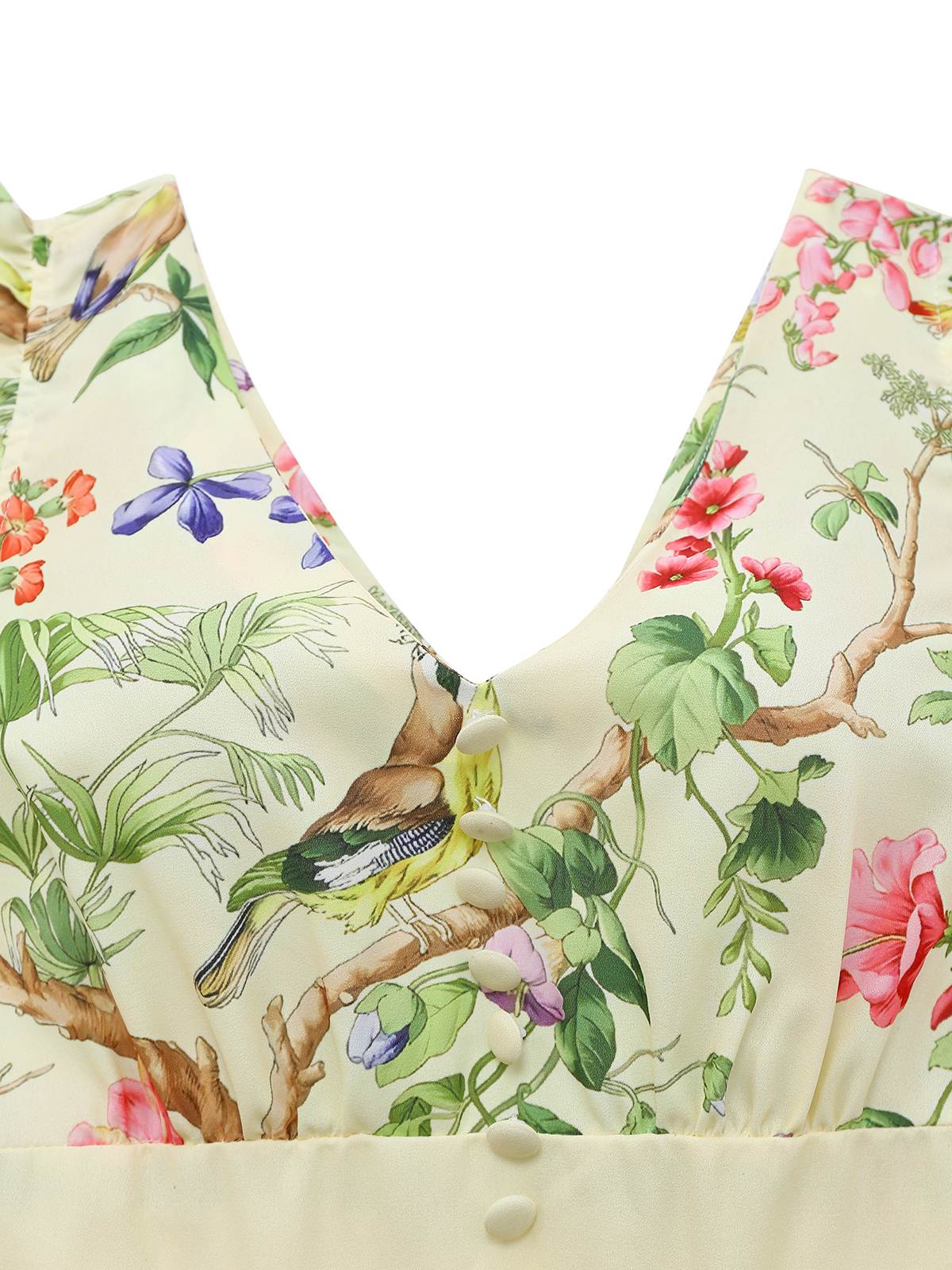 Gelb 1950er Blumen Vögel Rüschen Flatterärmel Kleid - Image 8
