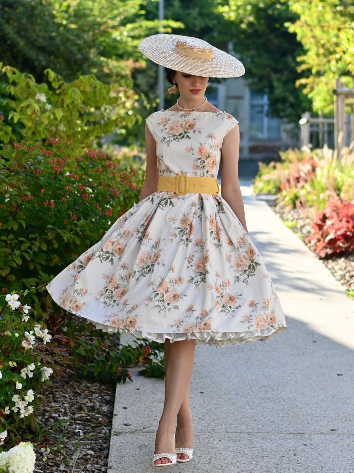 Gelb 1950er Bootskragen Antiquität Blumen Kleid - Image 2