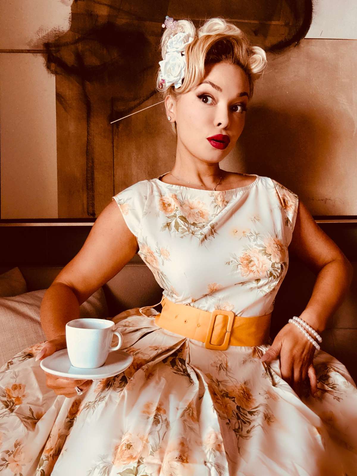 Gelb 1950er Bootskragen Antiquität Blumen Kleid - Image 2