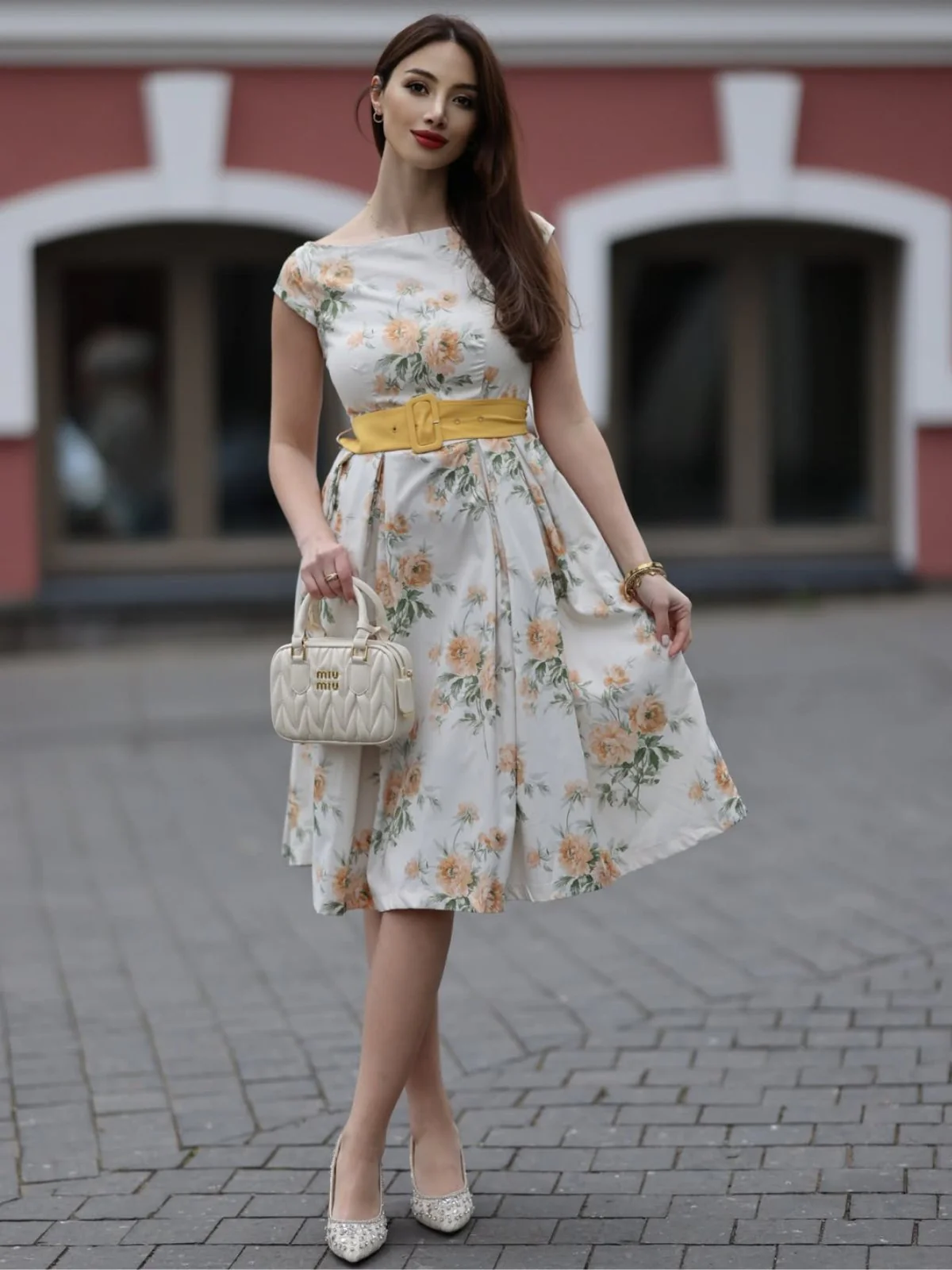 Gelb 1950er Bootskragen Antiquität Blumen Kleid - Image 2
