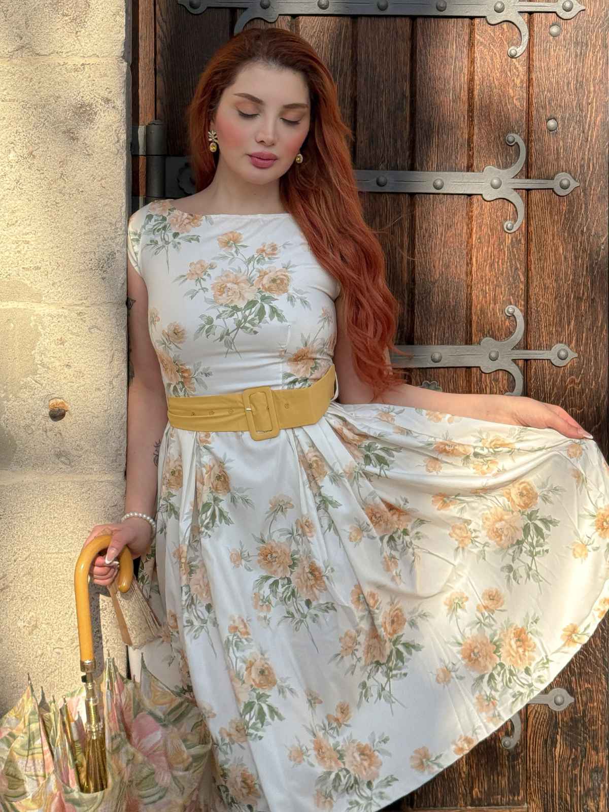 Gelb 1950er Bootskragen Antiquität Blumen Kleid