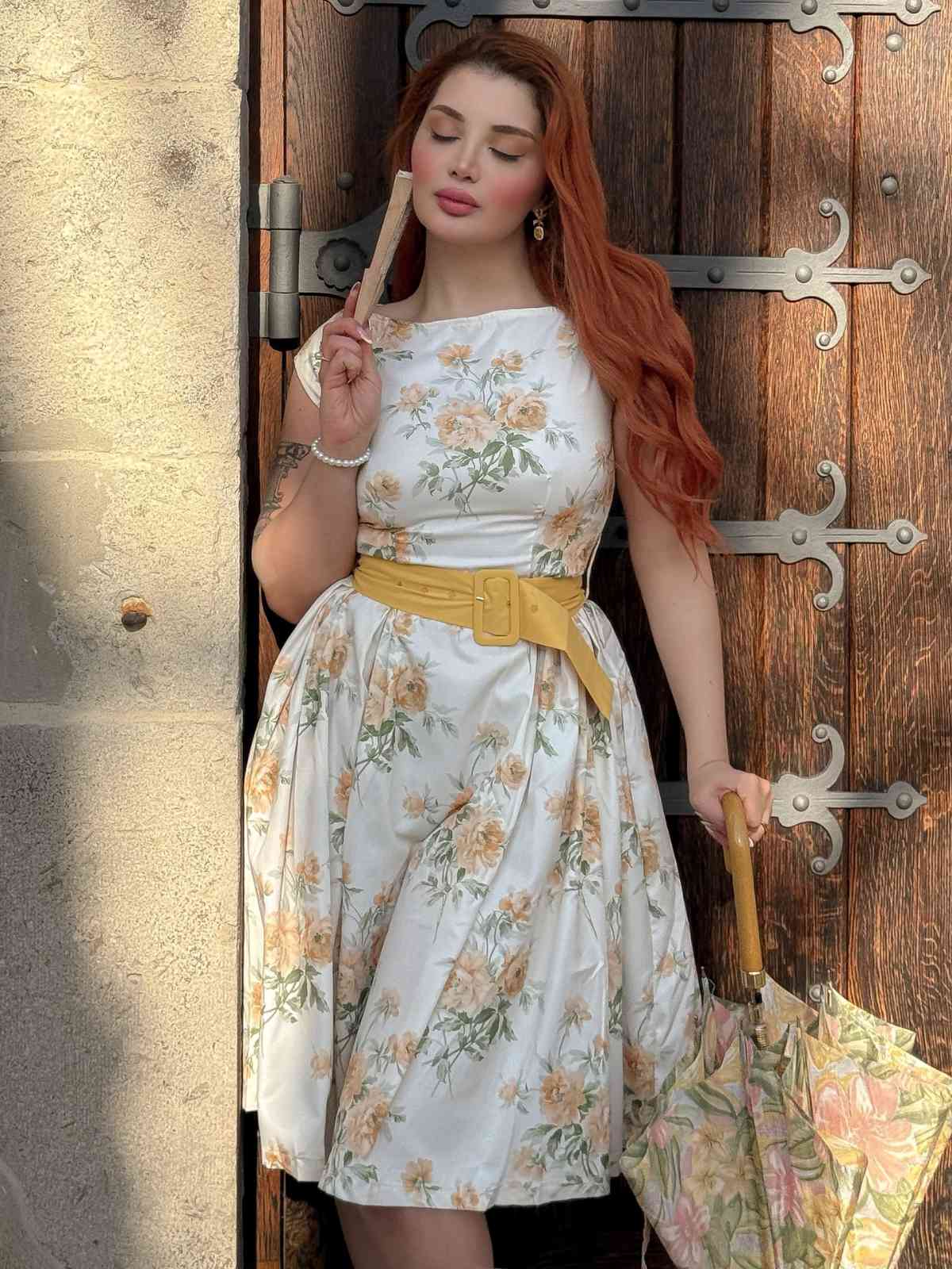 Gelb 1950er Bootskragen Antiquität Blumen Kleid - Image 2