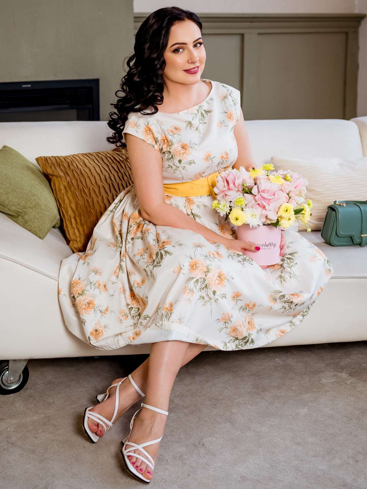 Gelb 1950er Bootskragen Antiquität Blumen Kleid - Image 2