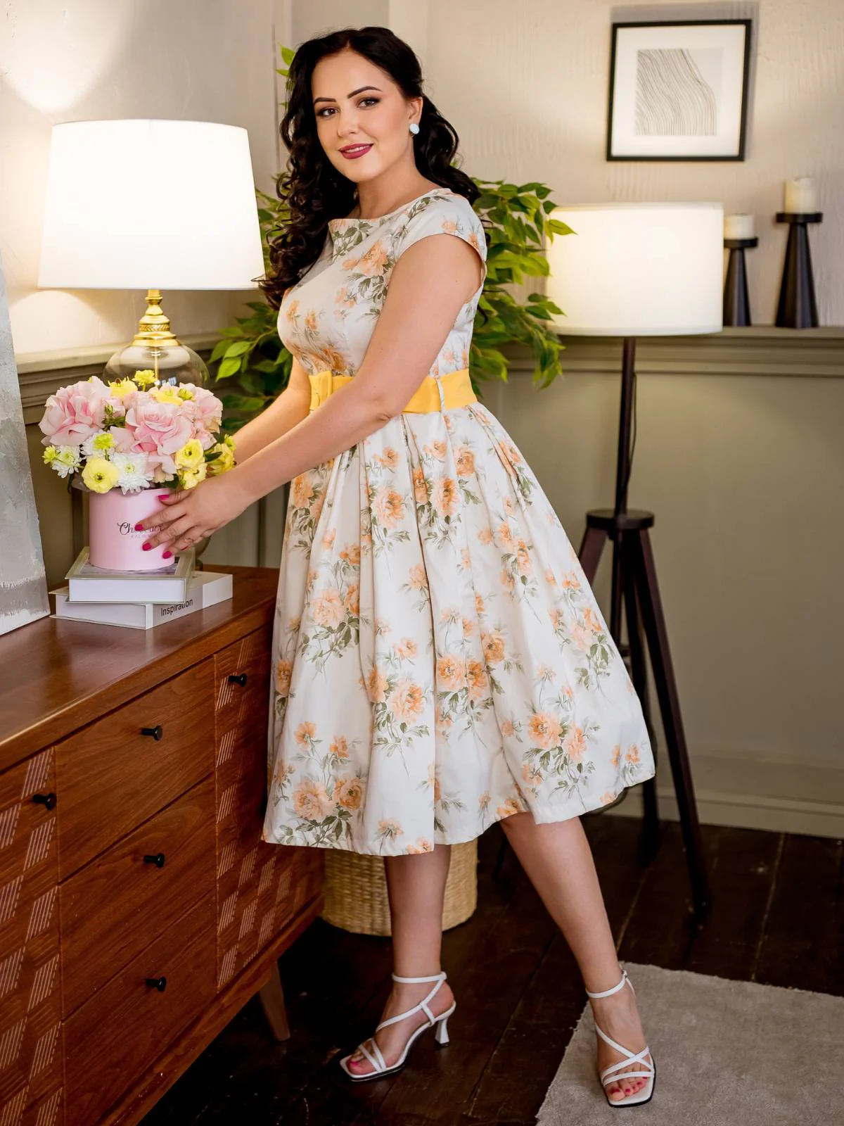 Gelb 1950er Bootskragen Antiquität Blumen Kleid - Image 3
