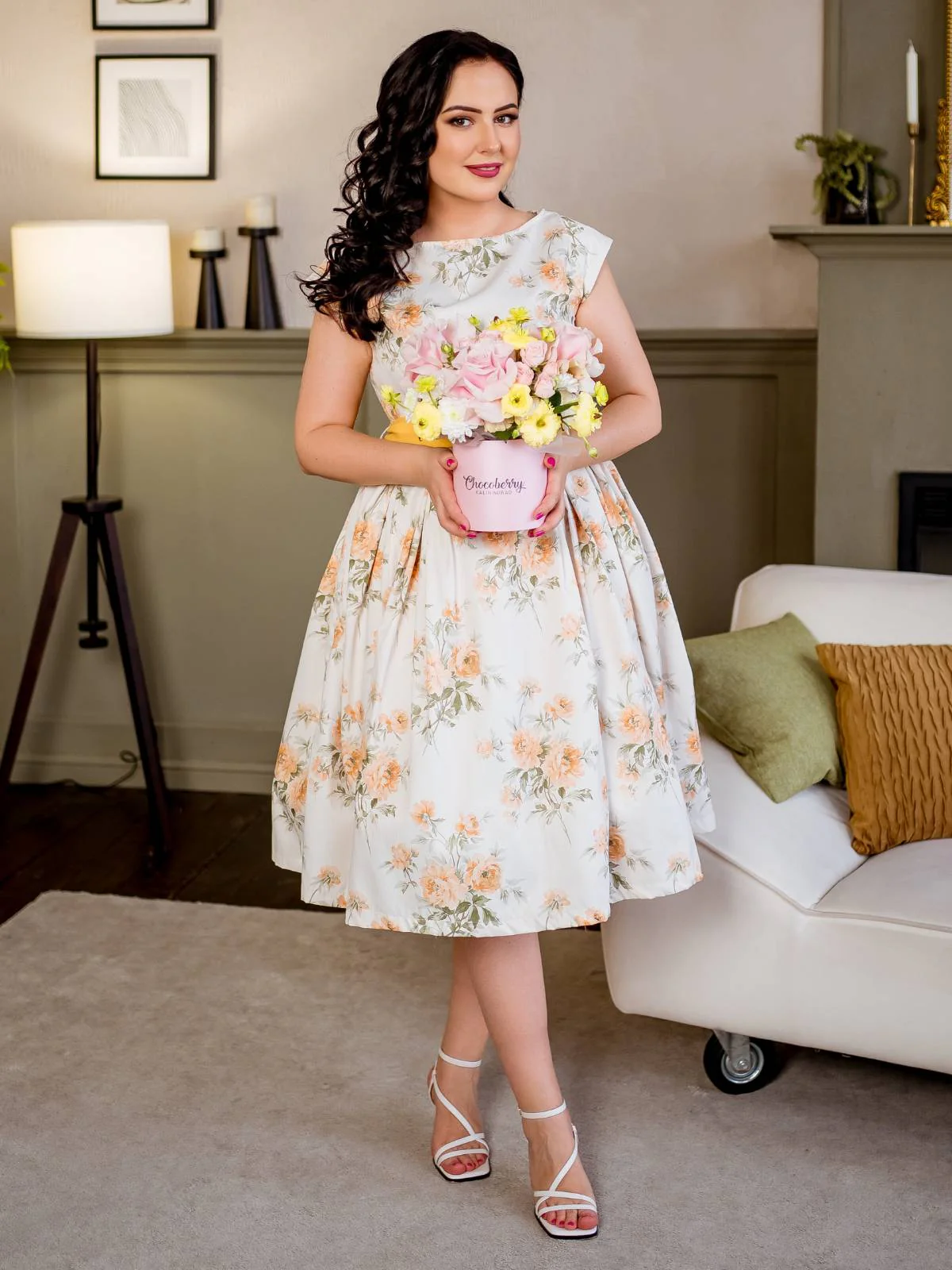 Gelb 1950er Bootskragen Antiquität Blumen Kleid - Image 5
