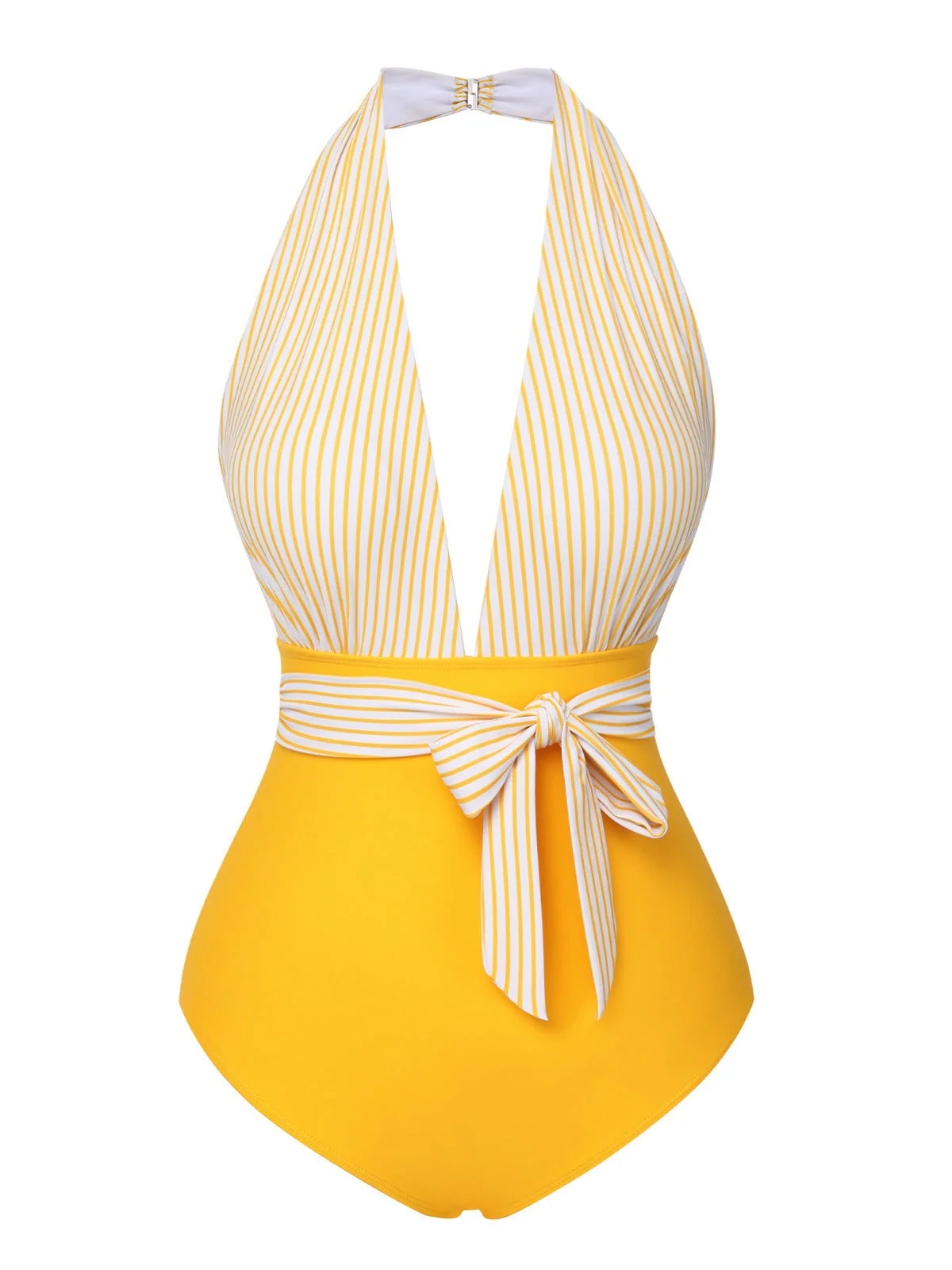 Gelb 1950er Halter Streifen Patchwork Badeanzug - Image 2