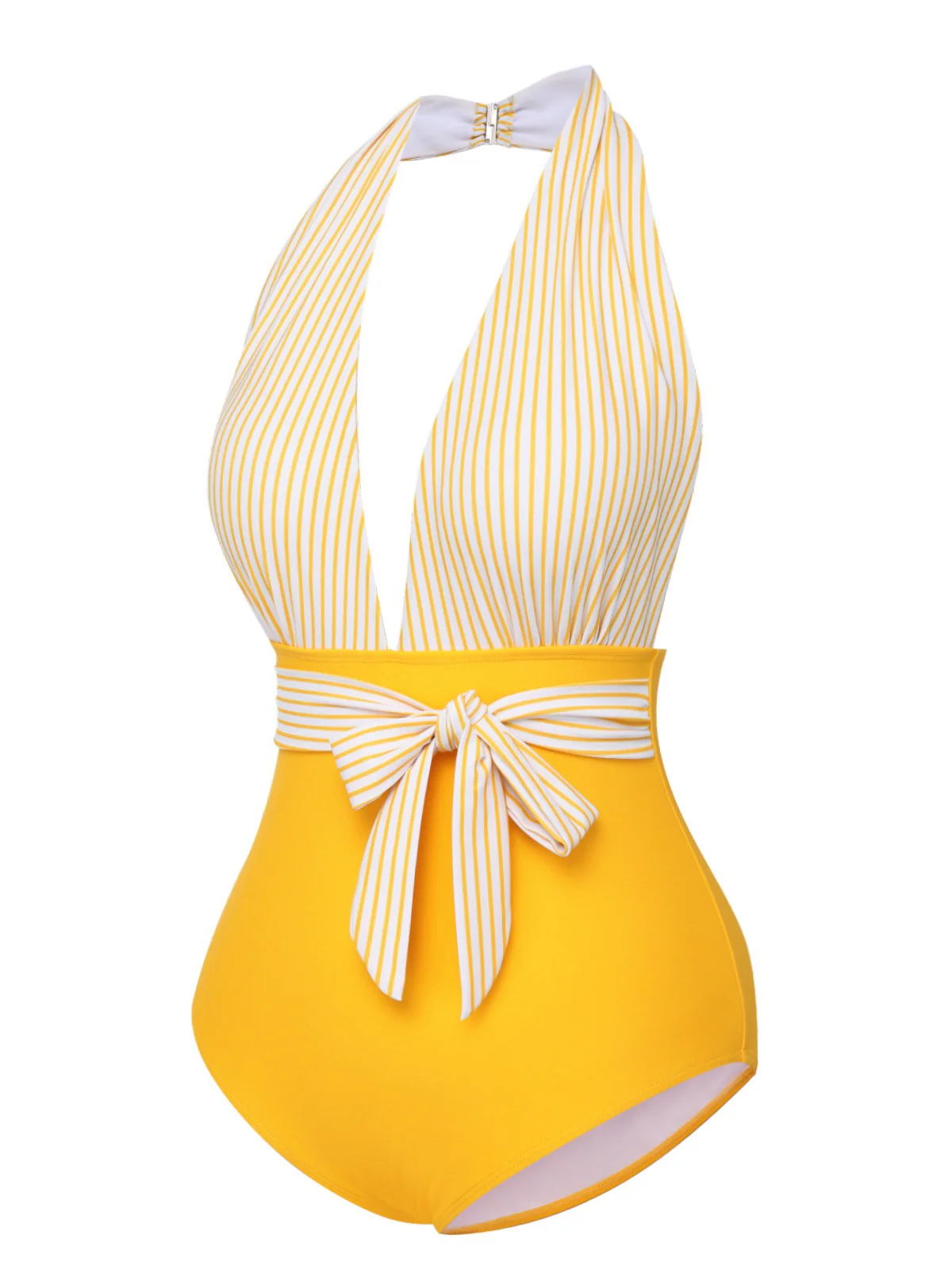 Gelb 1950er Halter Streifen Patchwork Badeanzug - Image 3