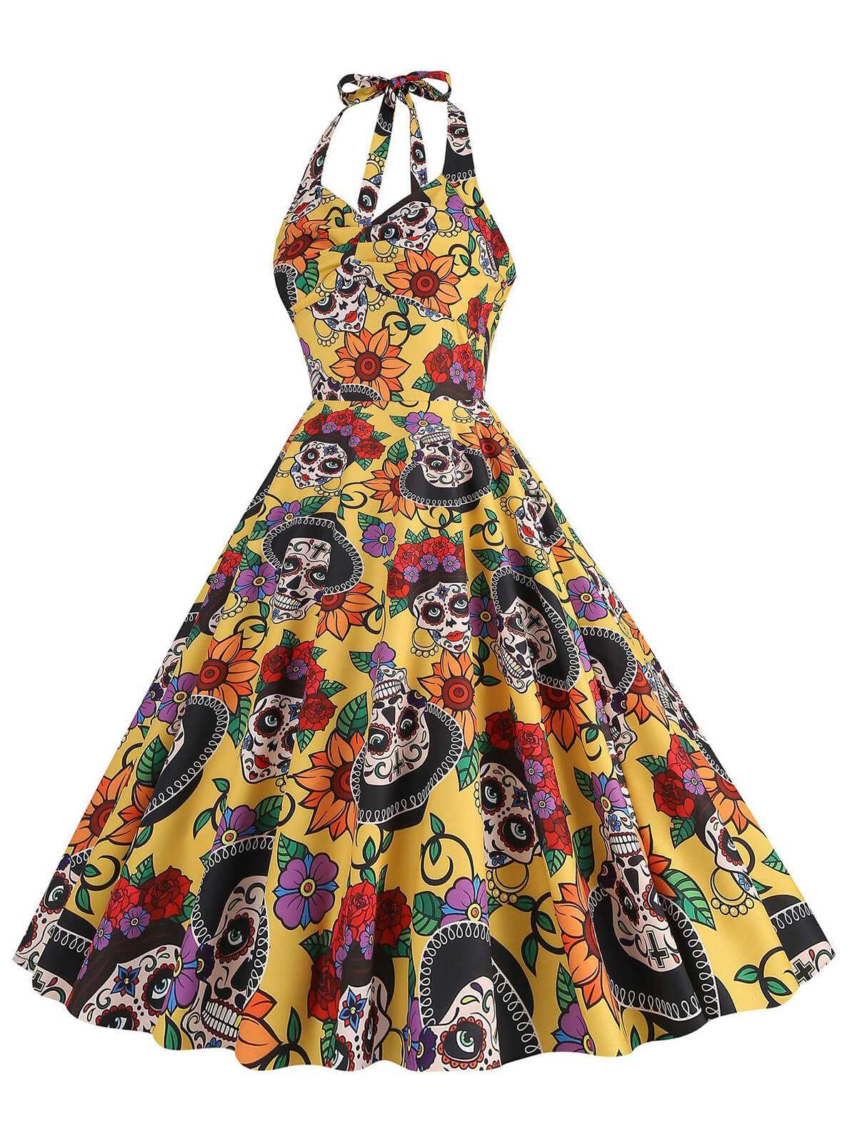 Gelb 1950er Hippie Schädel Bogen Halter Swing Kleid - Image 2