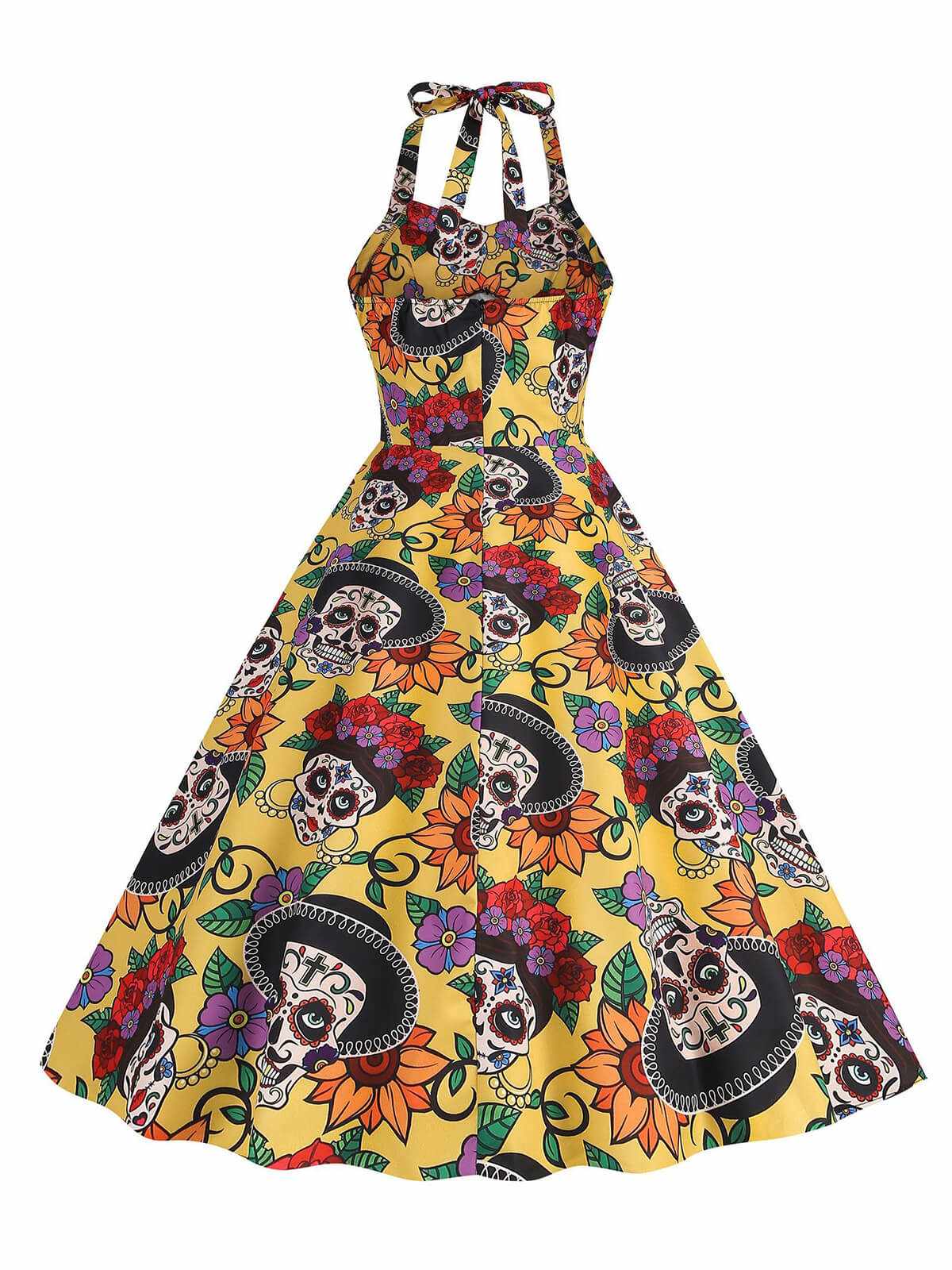 Gelb 1950er Hippie Schädel Bogen Halter Swing Kleid - Image 3