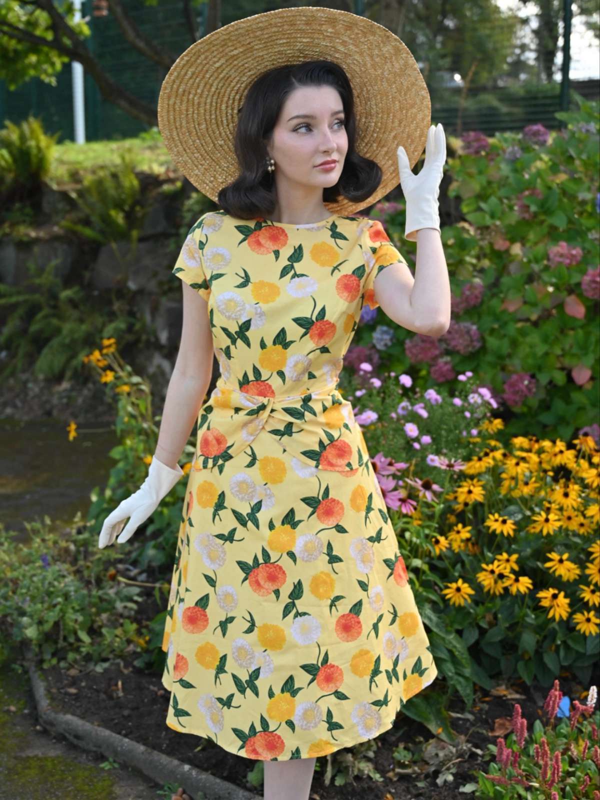 Gelb 1950er Hortensie Blumen Gerüschtes Kleid - Image 3