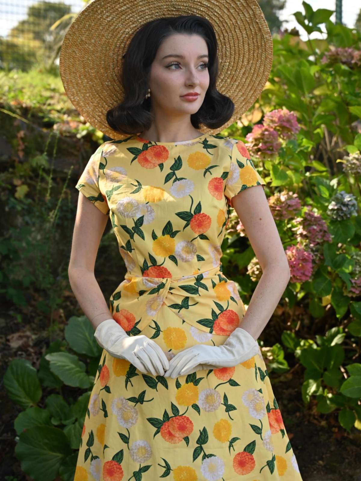 Gelb 1950er Hortensie Blumen Gerüschtes Kleid - Image 2