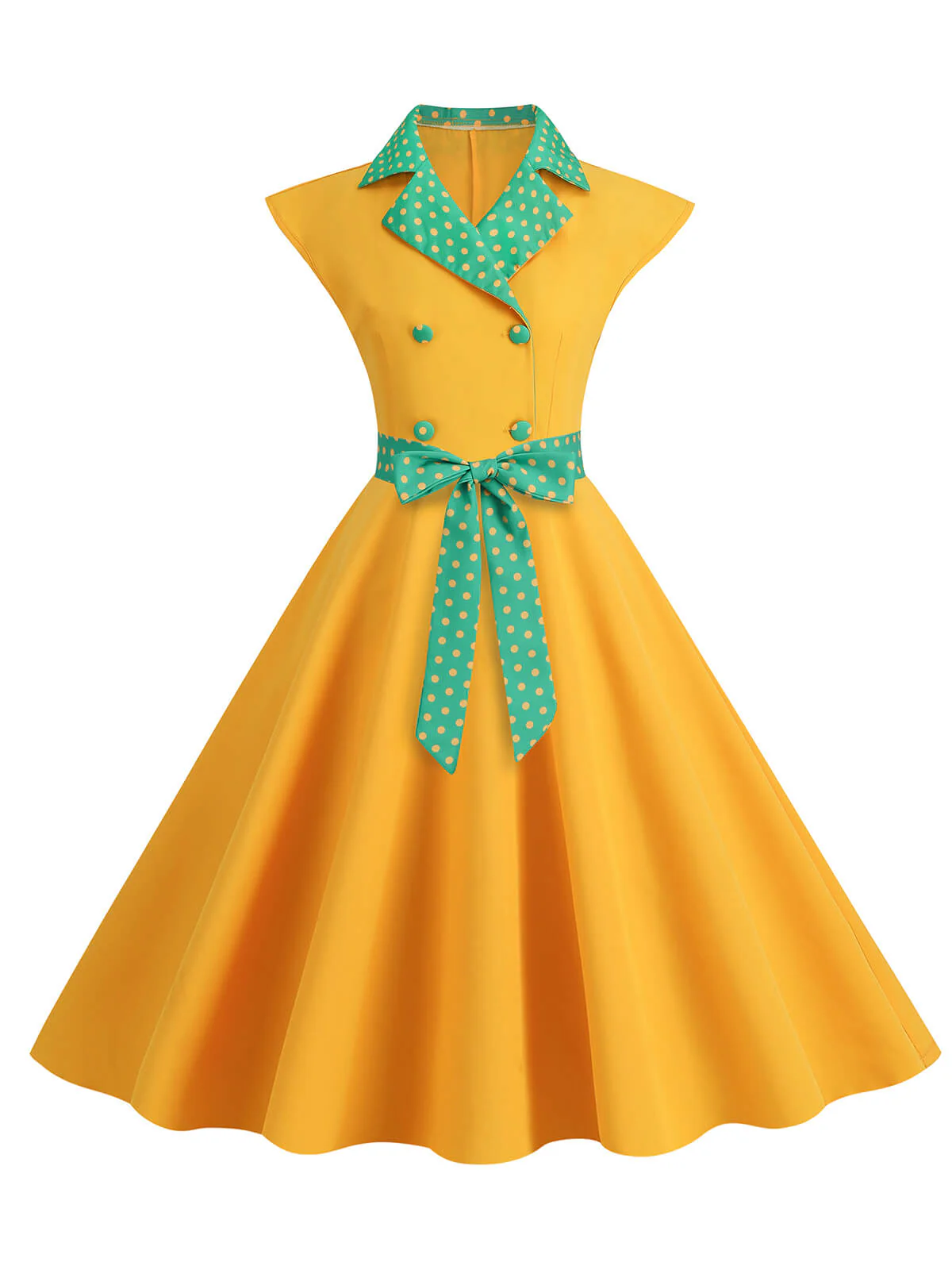 Gelb 1950er Kontrastierenden Tupfen Schleifenknoten Gürtelkleid