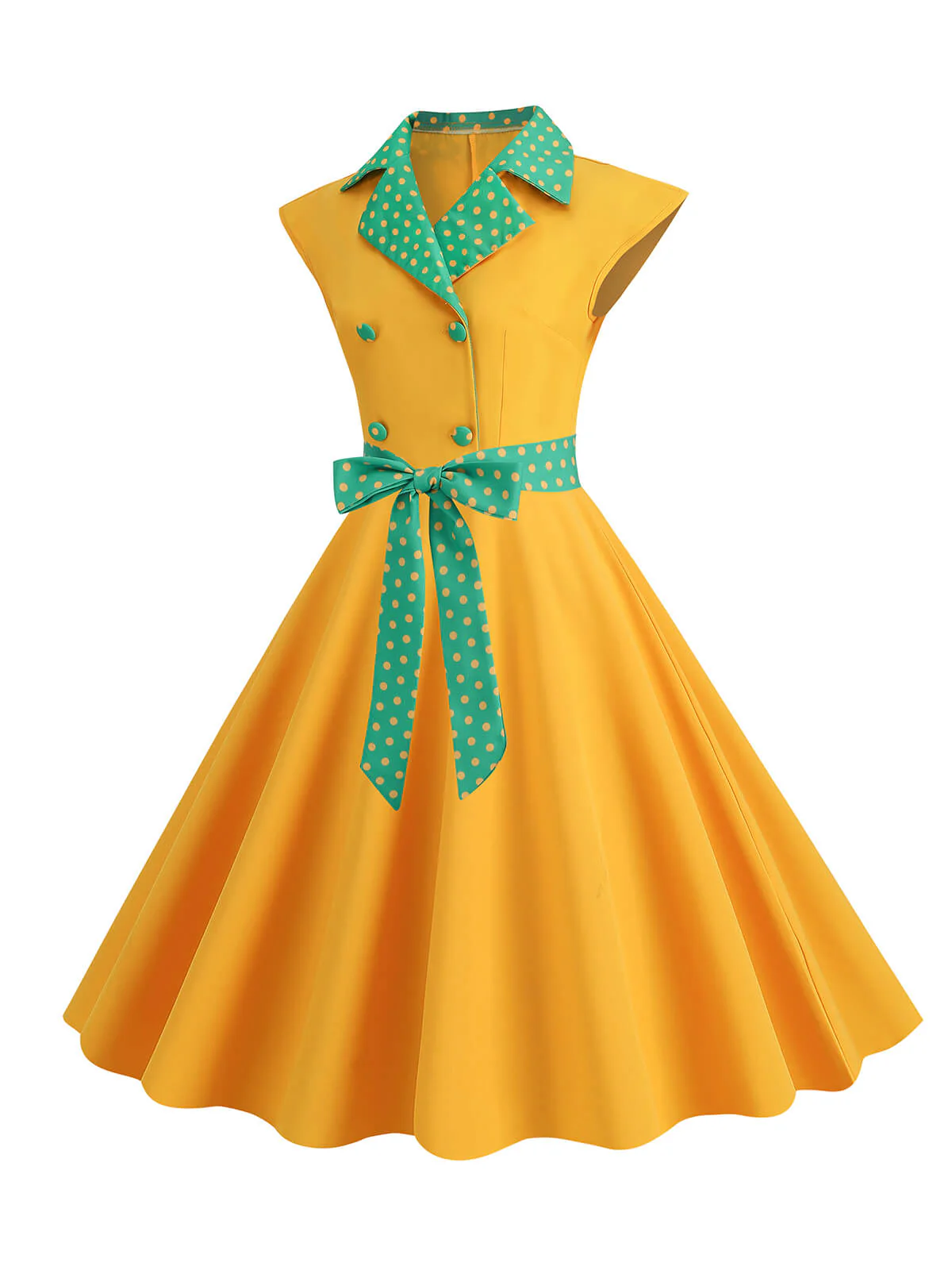 Gelb 1950er Kontrastierenden Tupfen Schleifenknoten Gürtelkleid - Image 2
