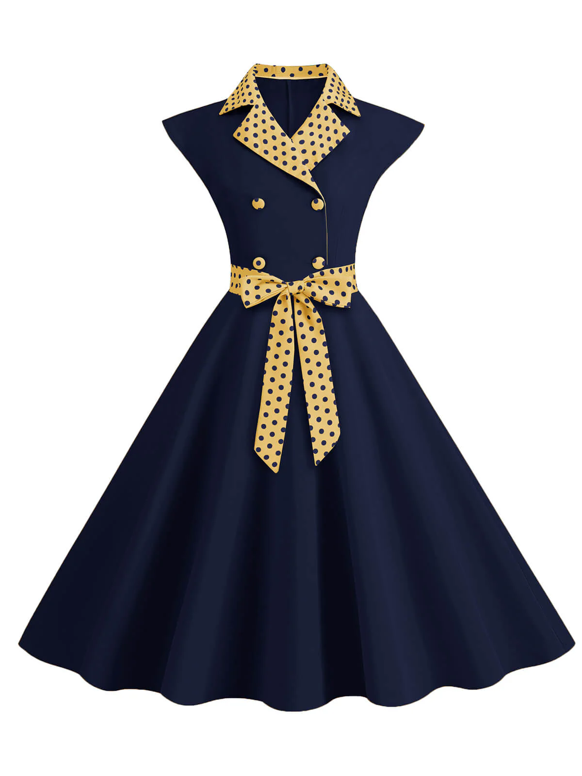 Gelb 1950er Kontrastierenden Tupfen Schleifenknoten Gürtelkleid - Image 6