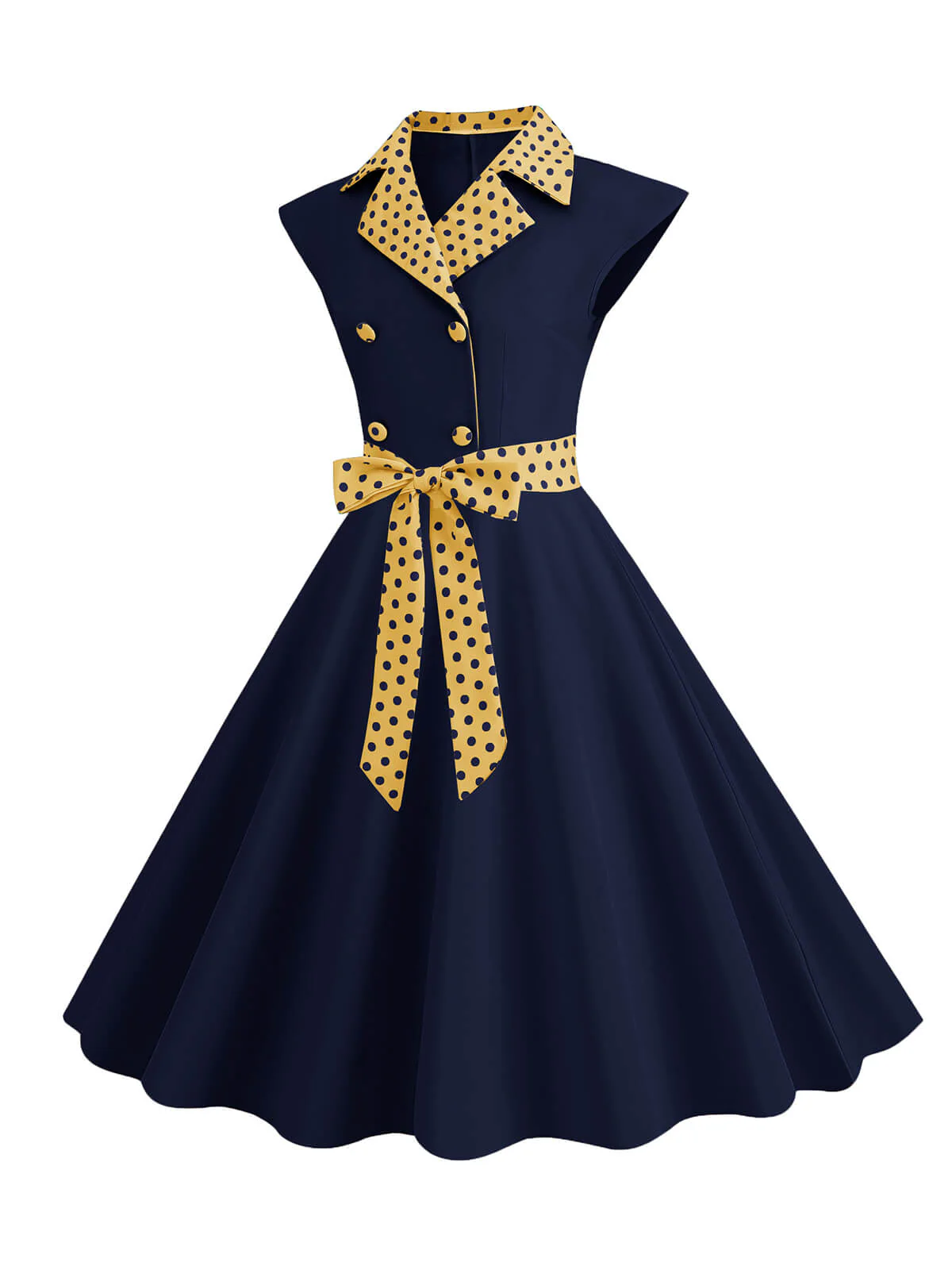 Gelb 1950er Kontrastierenden Tupfen Schleifenknoten Gürtelkleid - Image 7