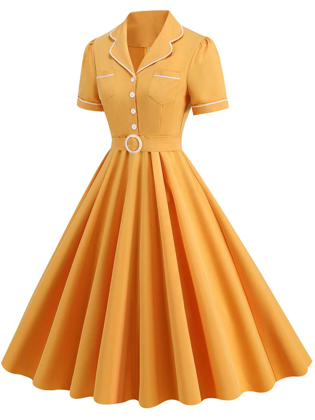 Gelb 1950er Revers Mit Gürtel Einfarbiges Kleid - Image 2