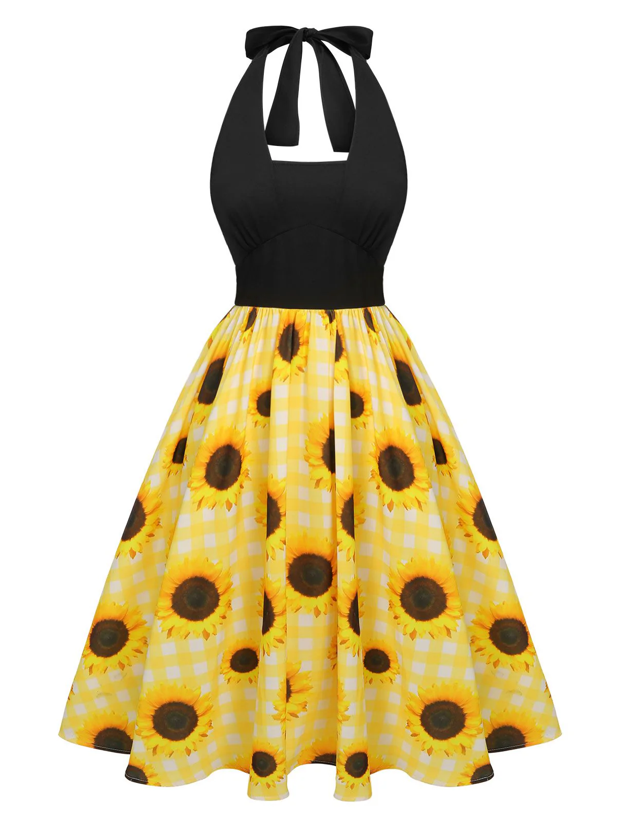 [Vorverkauf] Gelb 1950er Sonnenblume Kariert Halter Kleid - Image 2