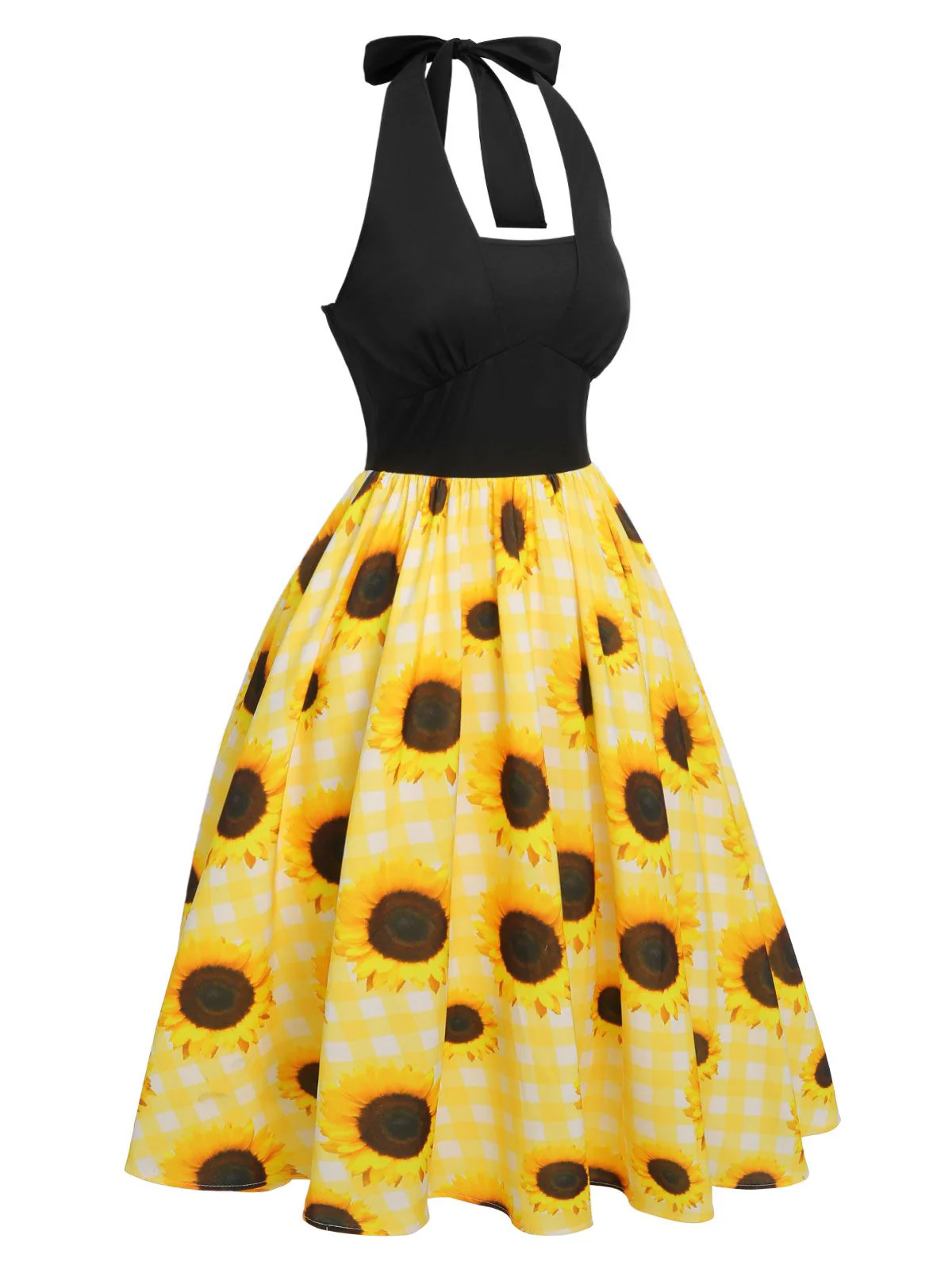 [Vorverkauf] Gelb 1950er Sonnenblume Kariert Halter Kleid - Image 3