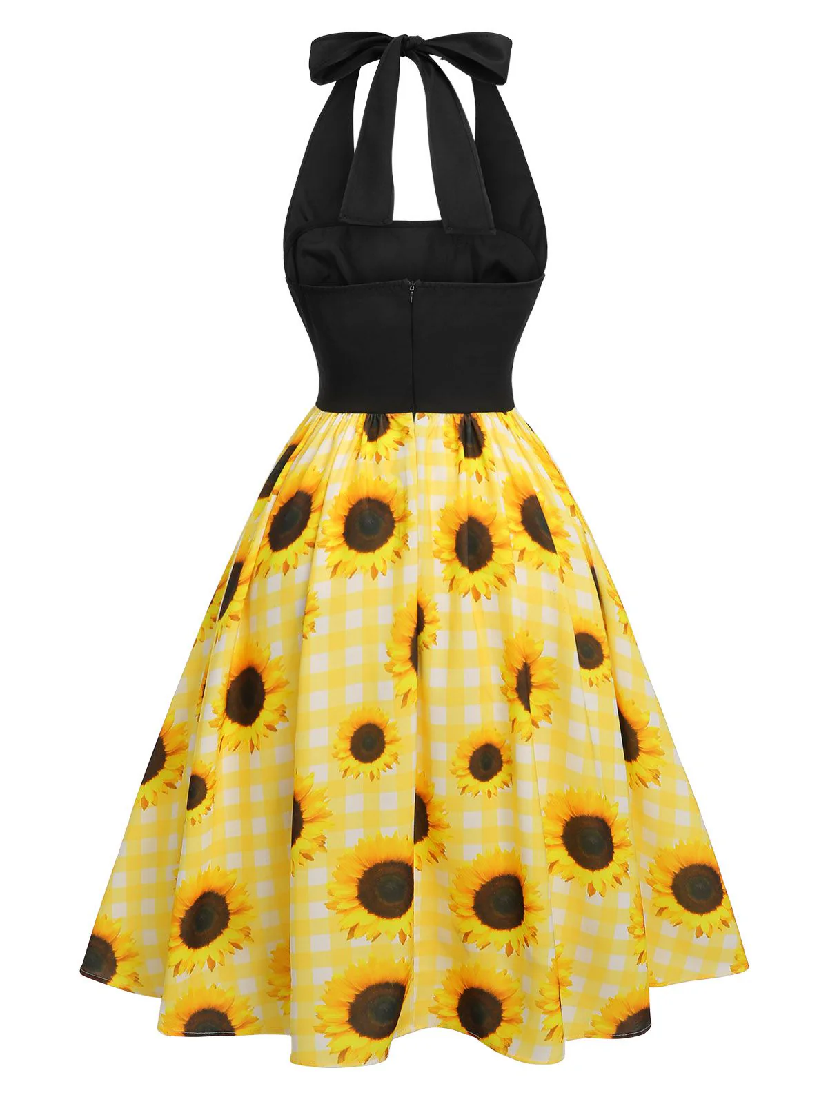 [Vorverkauf] Gelb 1950er Sonnenblume Kariert Halter Kleid - Image 4