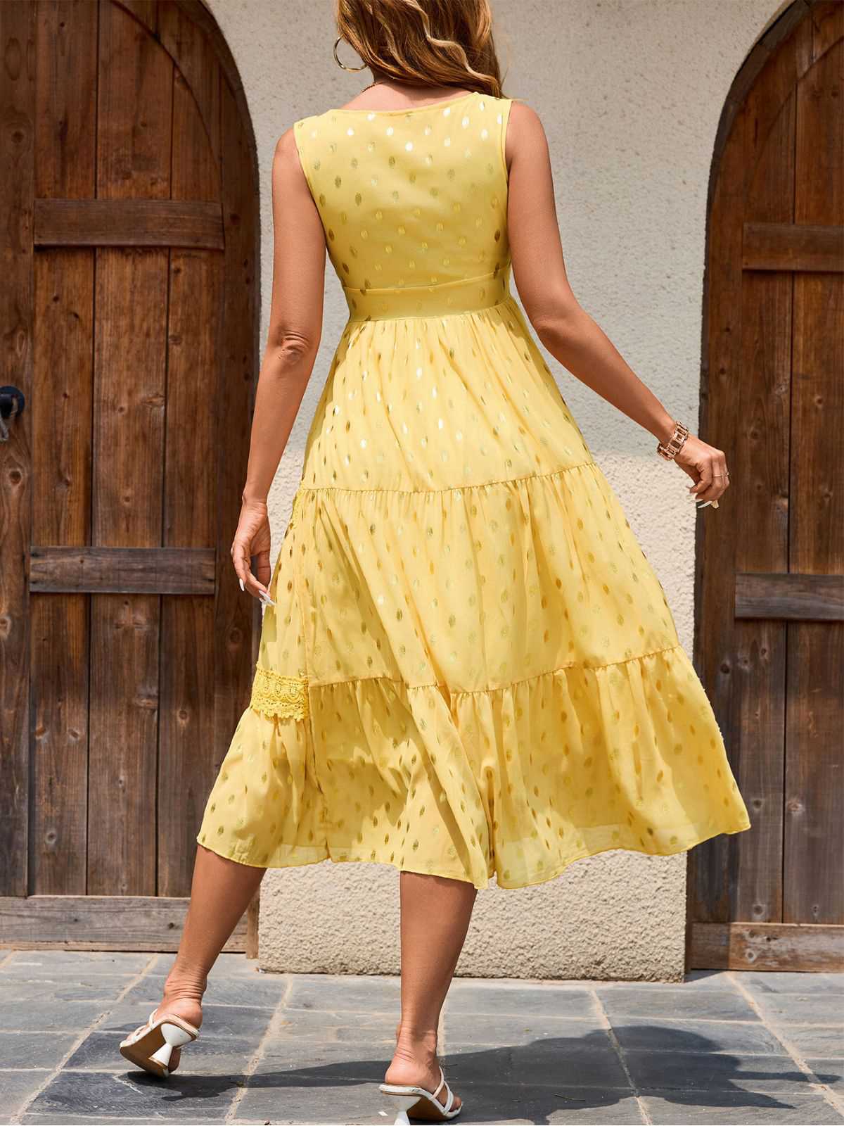 Gelb 1950er Spitze Patchwork Tupfen Kleid - Image 4