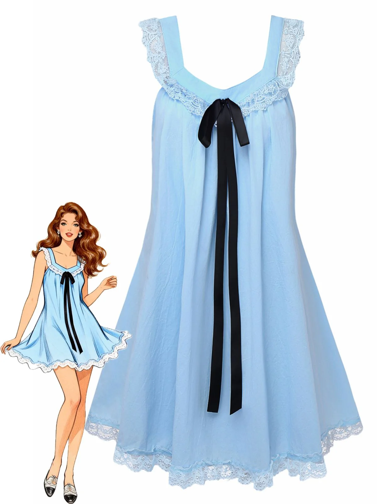 Gelb 1960er Solide Bogen Rückenfrei Spitze Babydoll Kleid - Image 5