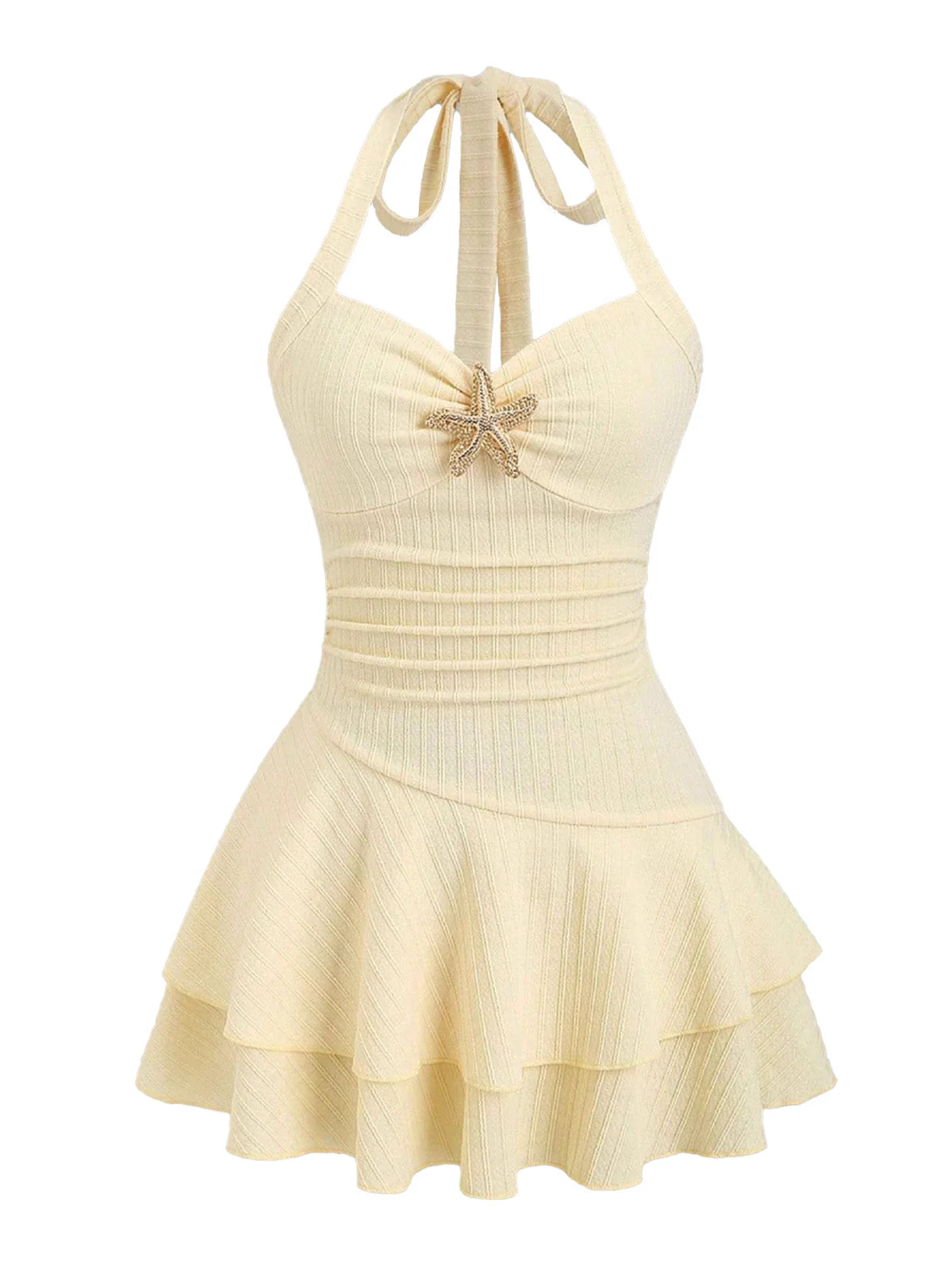 Gelb 1960er Strukturiert Metall-Seestern Halter Mehrlagig Mini Kleid - Image 2