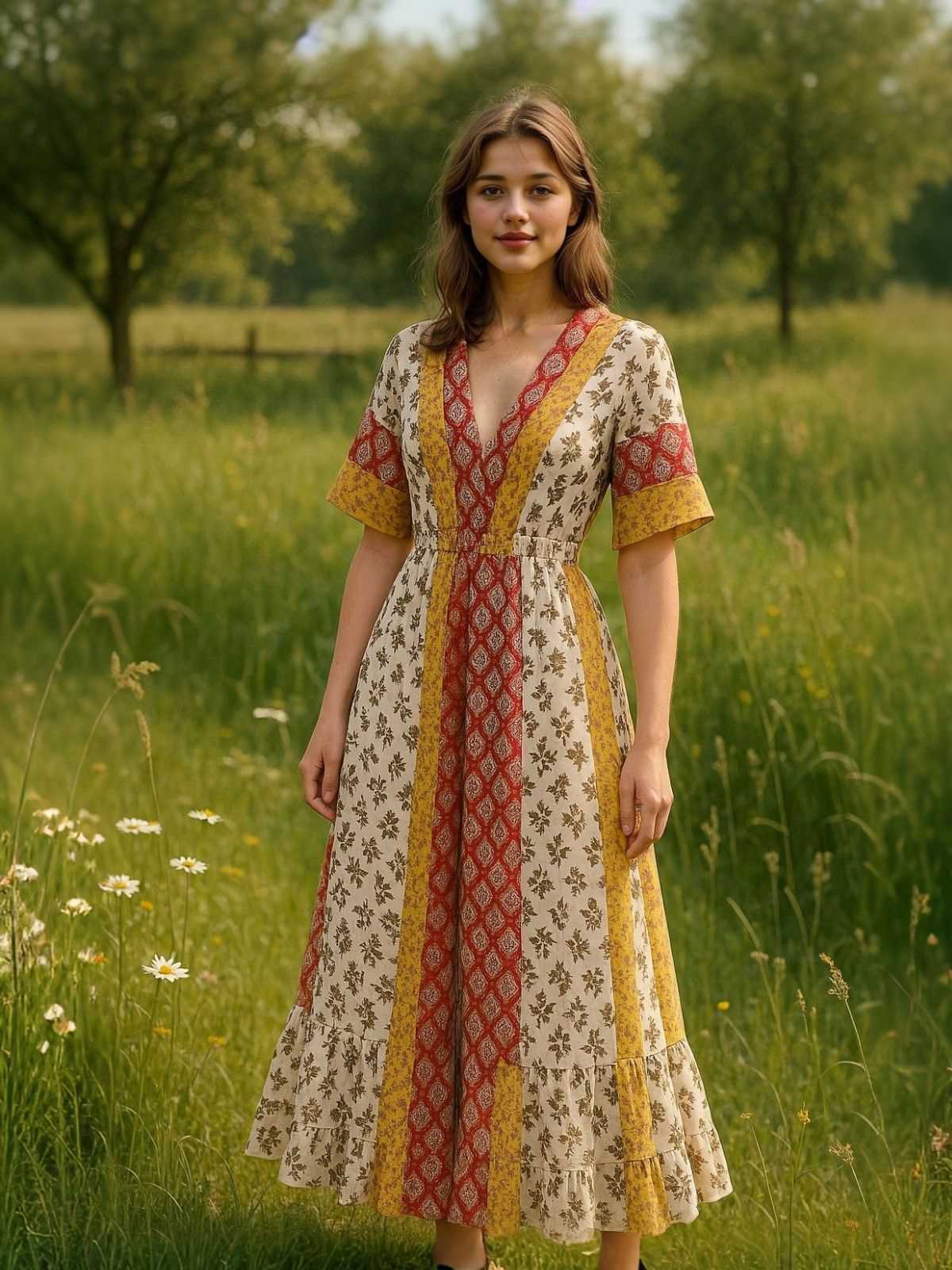 Gelb 1970er Bohemien Blumen Stammesmuster Jumpsuit - Image 2