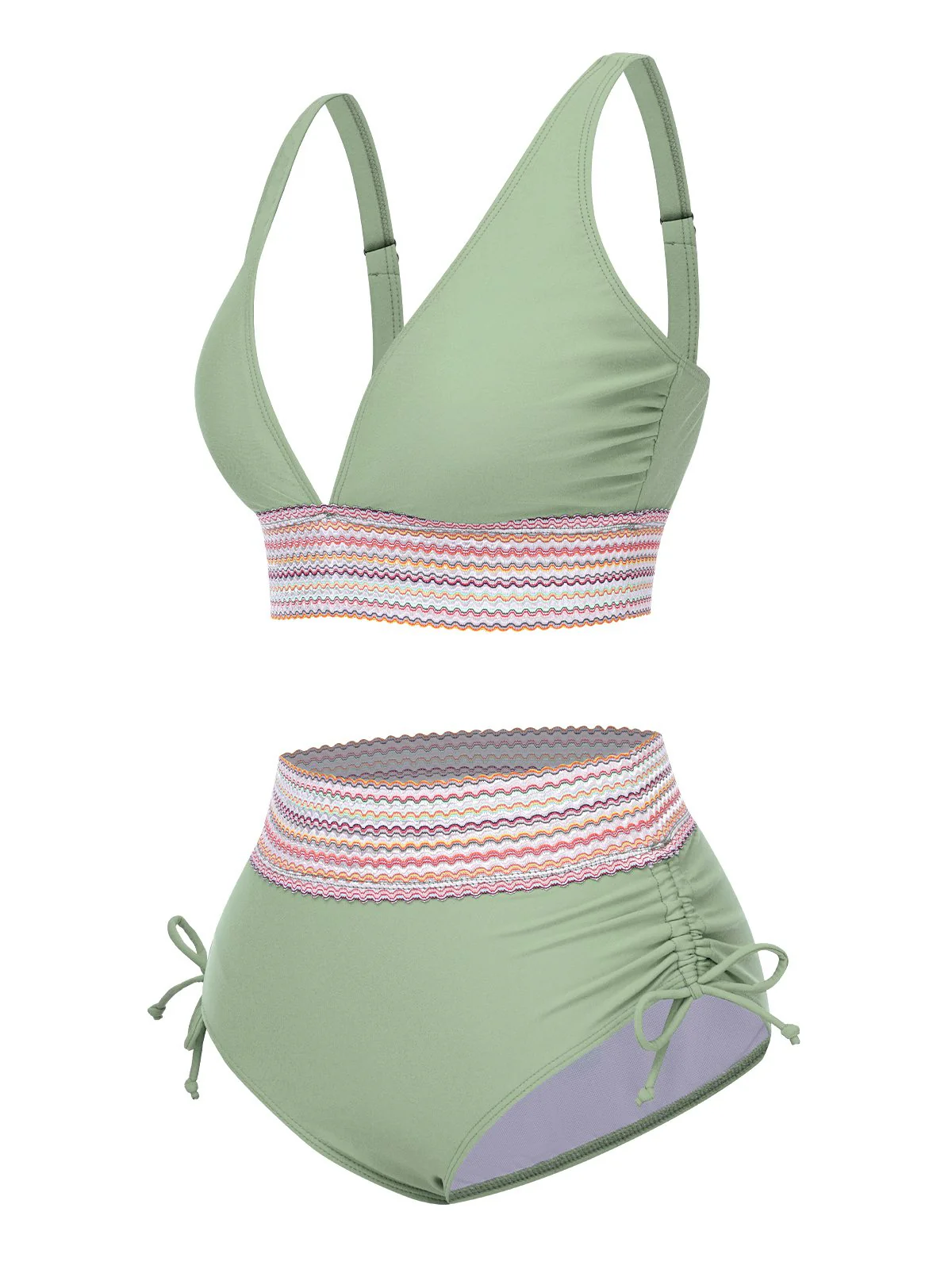 Schwarz 1970er V-Ausschnitt Patchwork Hohe-Taille Bikini - Image 6