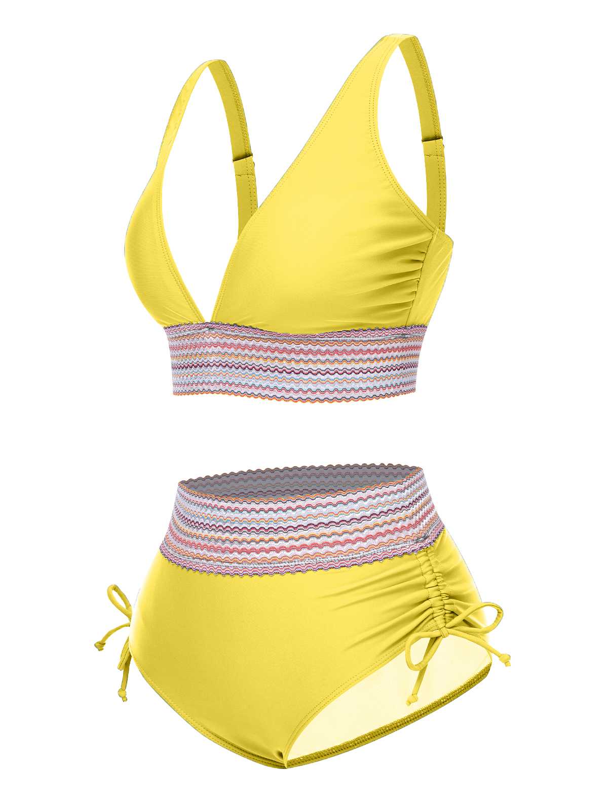 Schwarz 1970er V-Ausschnitt Patchwork Hohe-Taille Bikini - Image 14