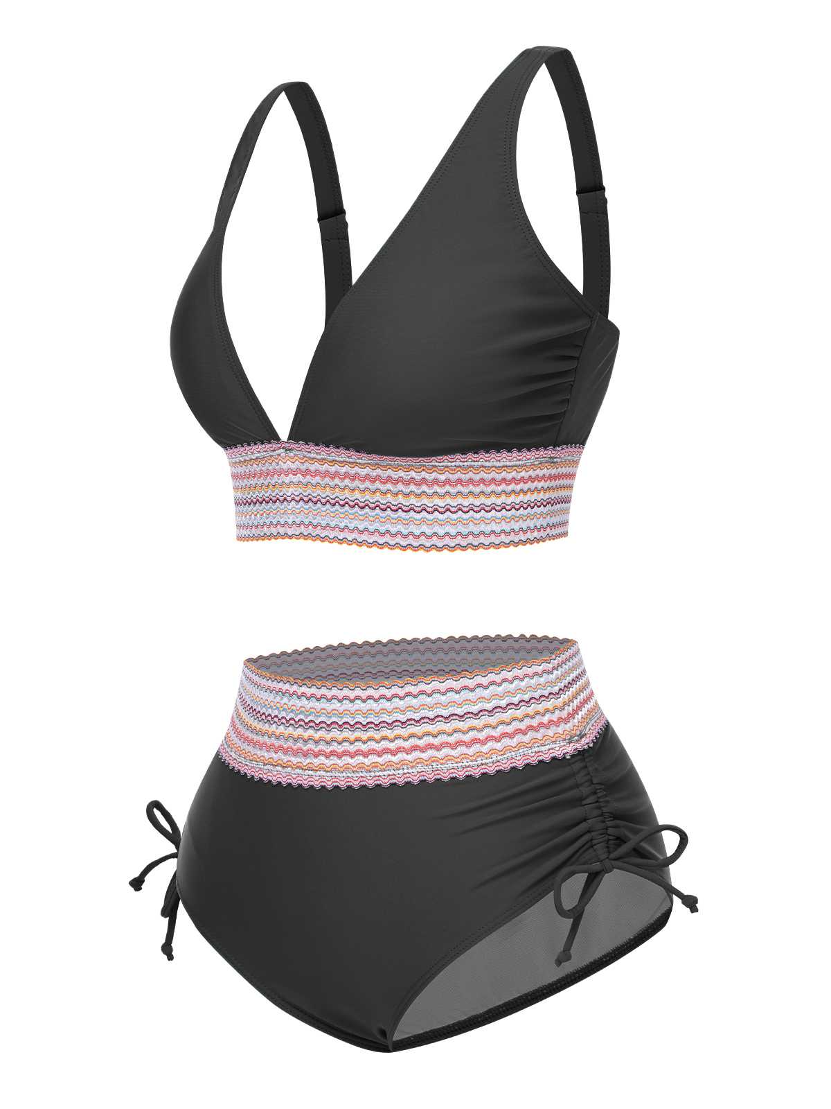 Schwarz 1970er V-Ausschnitt Patchwork Hohe-Taille Bikini - Image 2