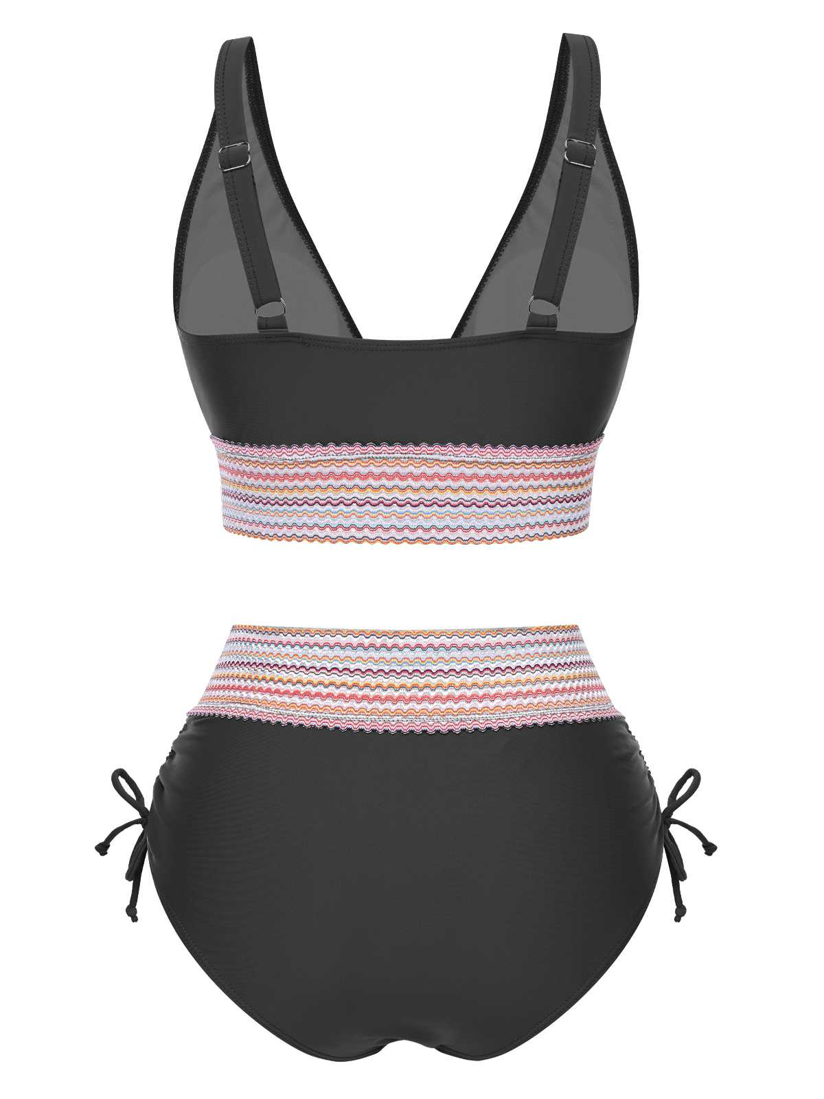 Schwarz 1970er V-Ausschnitt Patchwork Hohe-Taille Bikini - Image 3