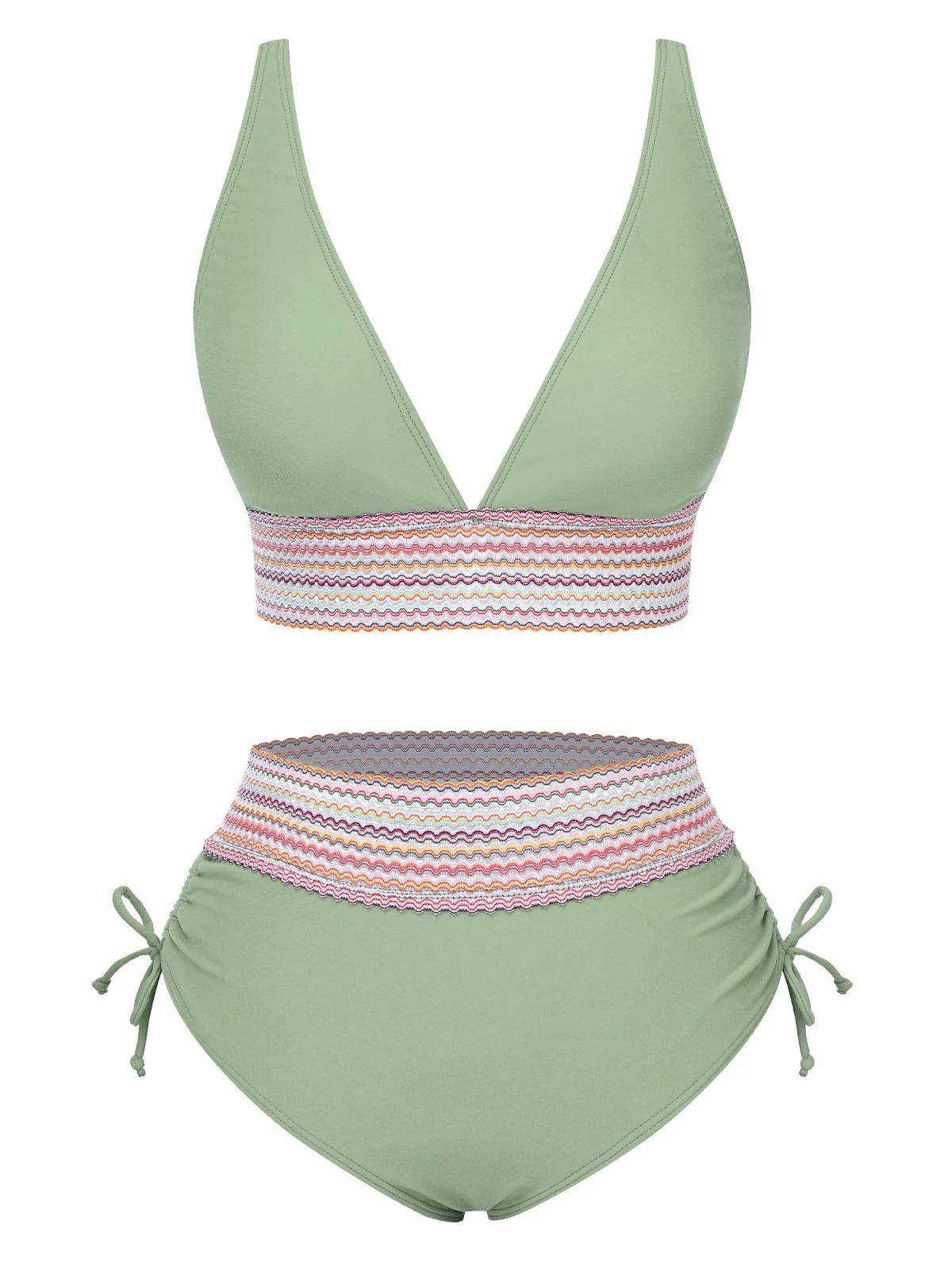 Schwarz 1970er V-Ausschnitt Patchwork Hohe-Taille Bikini - Image 5