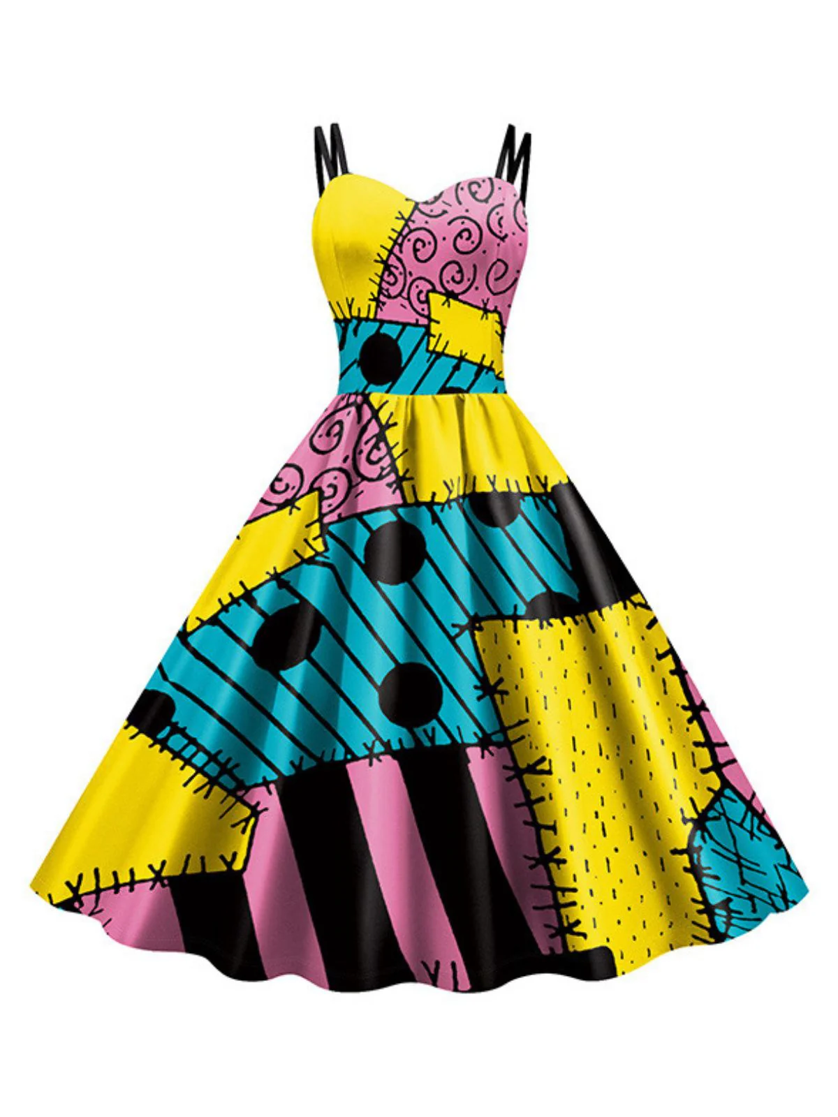 Rosa & Schwarz 1950er Nightmare Before Christmas Sally Farbblock Kleid - Image 5