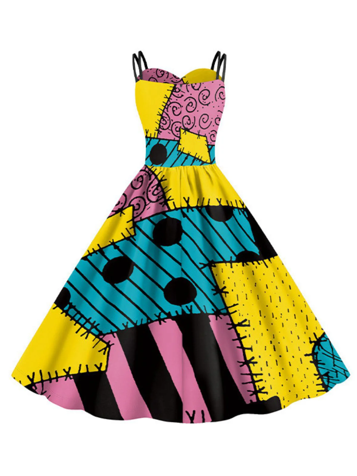 Rosa & Schwarz 1950er Nightmare Before Christmas Sally Farbblock Kleid - Image 6