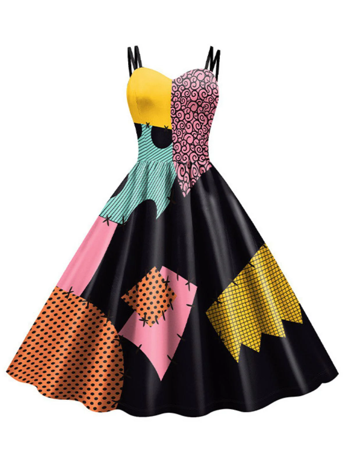 Rosa & Schwarz 1950er Nightmare Before Christmas Sally Farbblock Kleid - Image 3