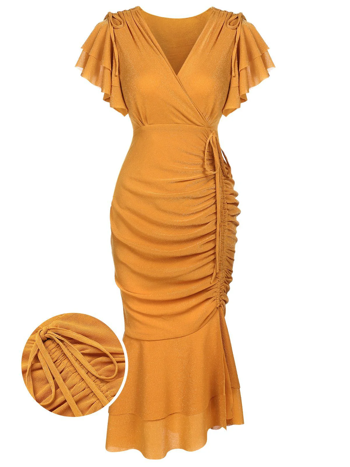 Gelb 1930er Rüsche Schnürschuh Fischschwanz Kleid