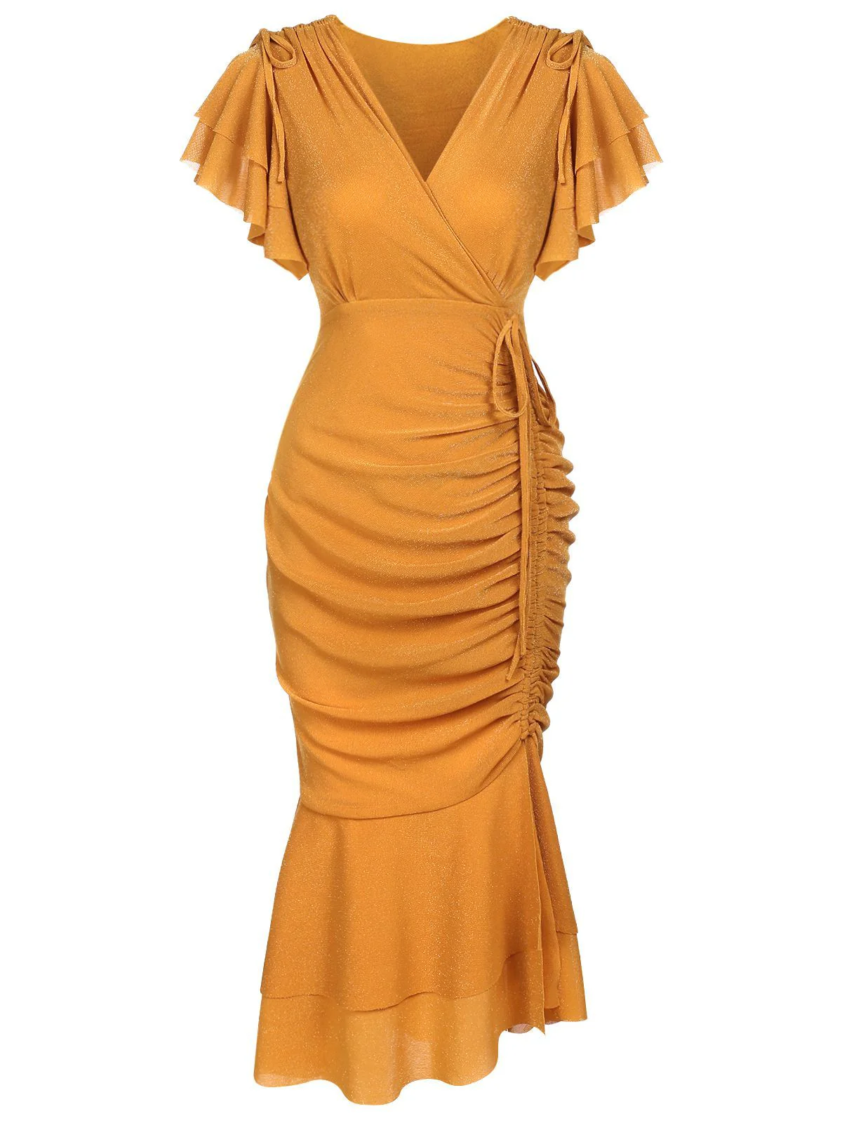 Gelb 1930er Rüsche Schnürschuh Fischschwanz Kleid - Image 4