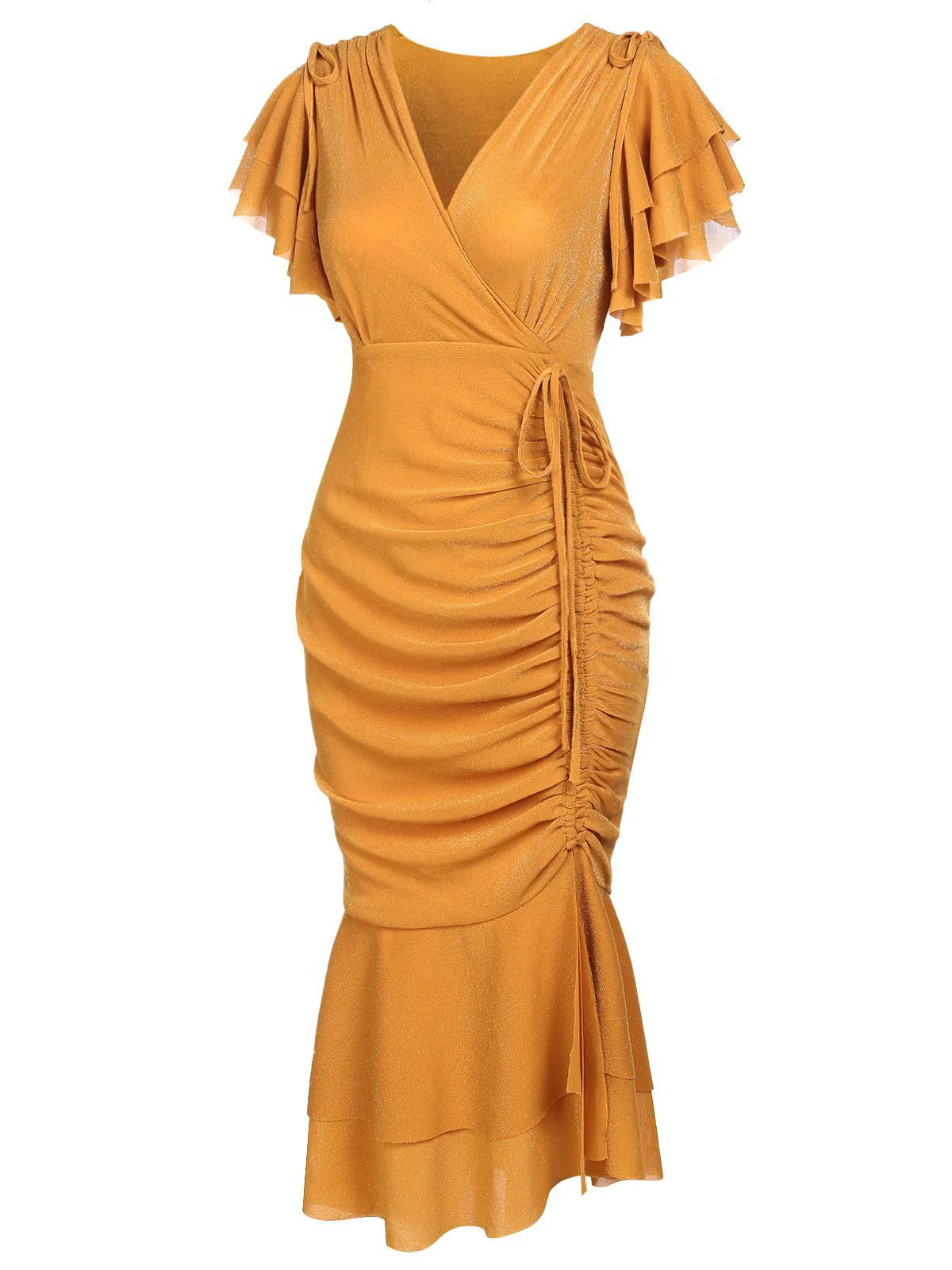Gelb 1930er Rüsche Schnürschuh Fischschwanz Kleid - Image 5