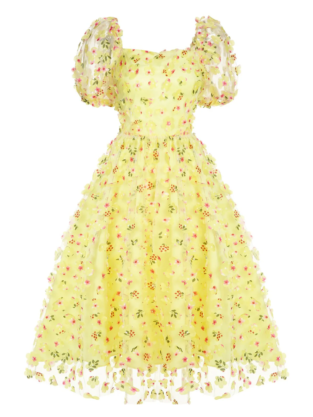 Gelb 3D Blumen Puffärmeln Swing Kleid - Image 2
