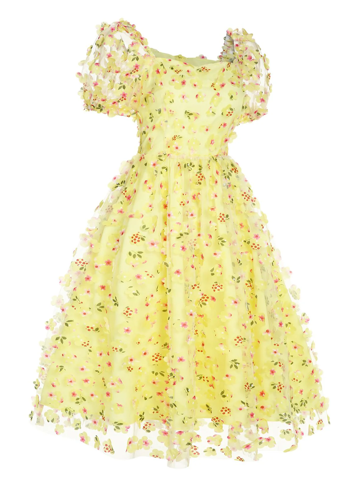 Gelb 3D Blumen Puffärmeln Swing Kleid - Image 3