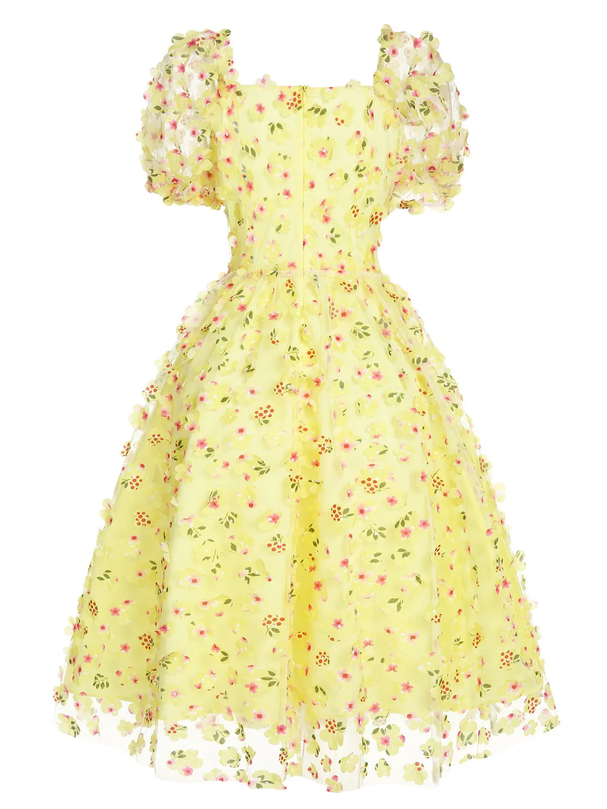 Gelb 3D Blumen Puffärmeln Swing Kleid - Image 4
